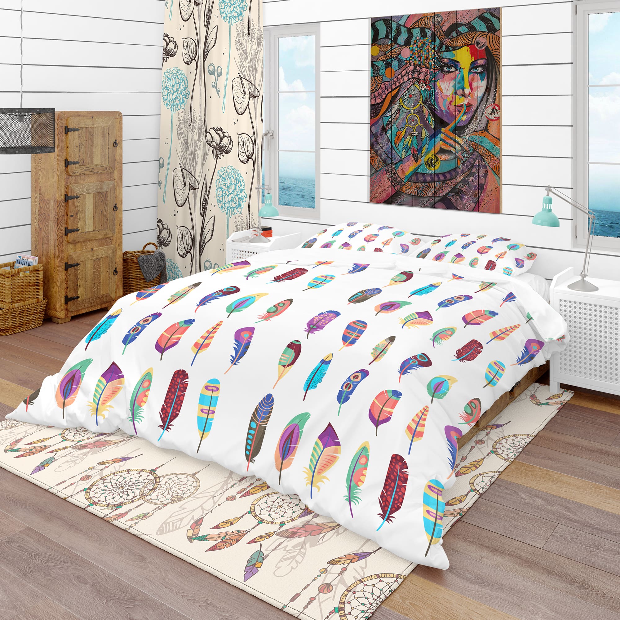 Designart 'Colored Feathers Set' Southwestern Bedding Set - Duvet Cover & Shams