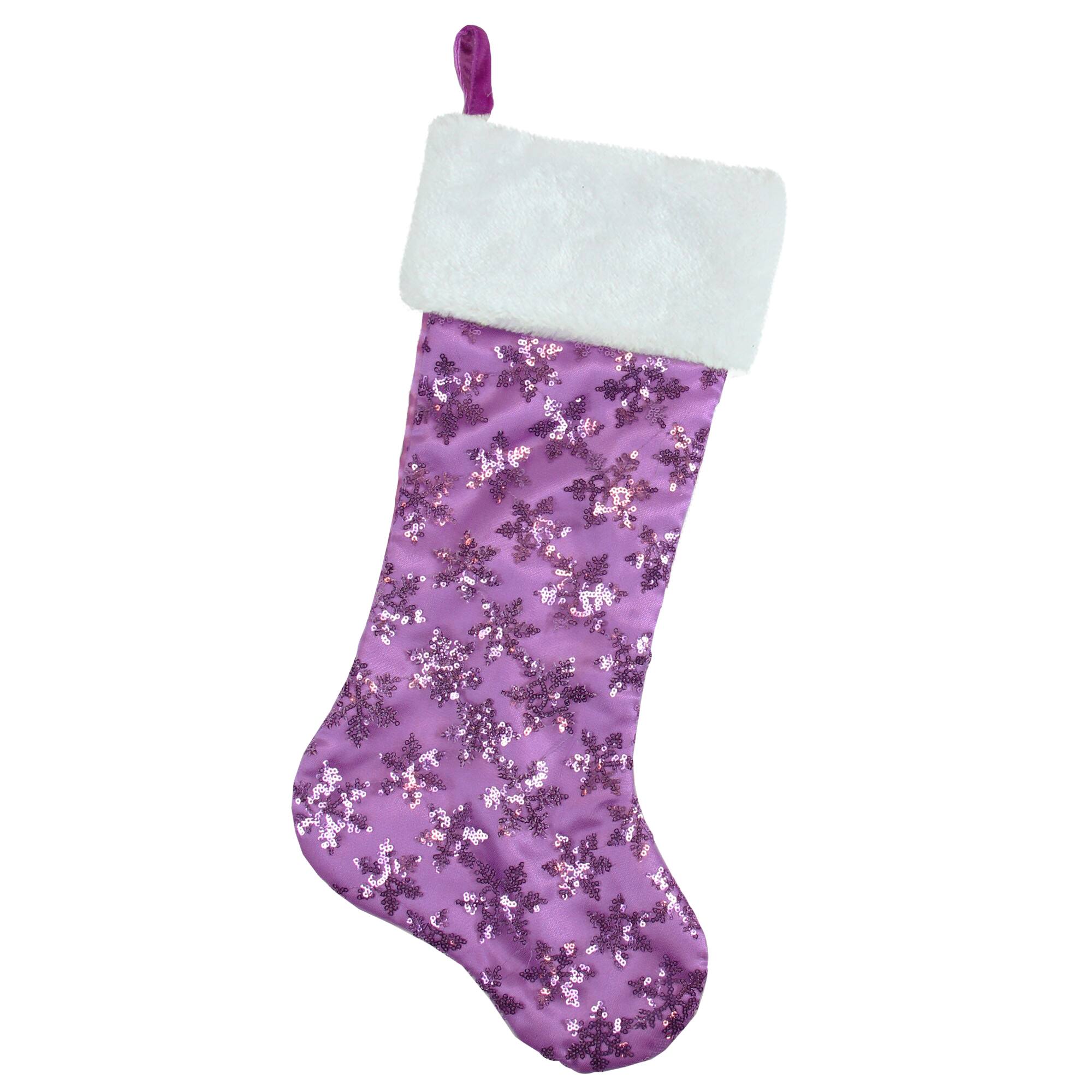 20.5" Sequin Snowflake Stocking with White Faux Fur Cuff, Purple