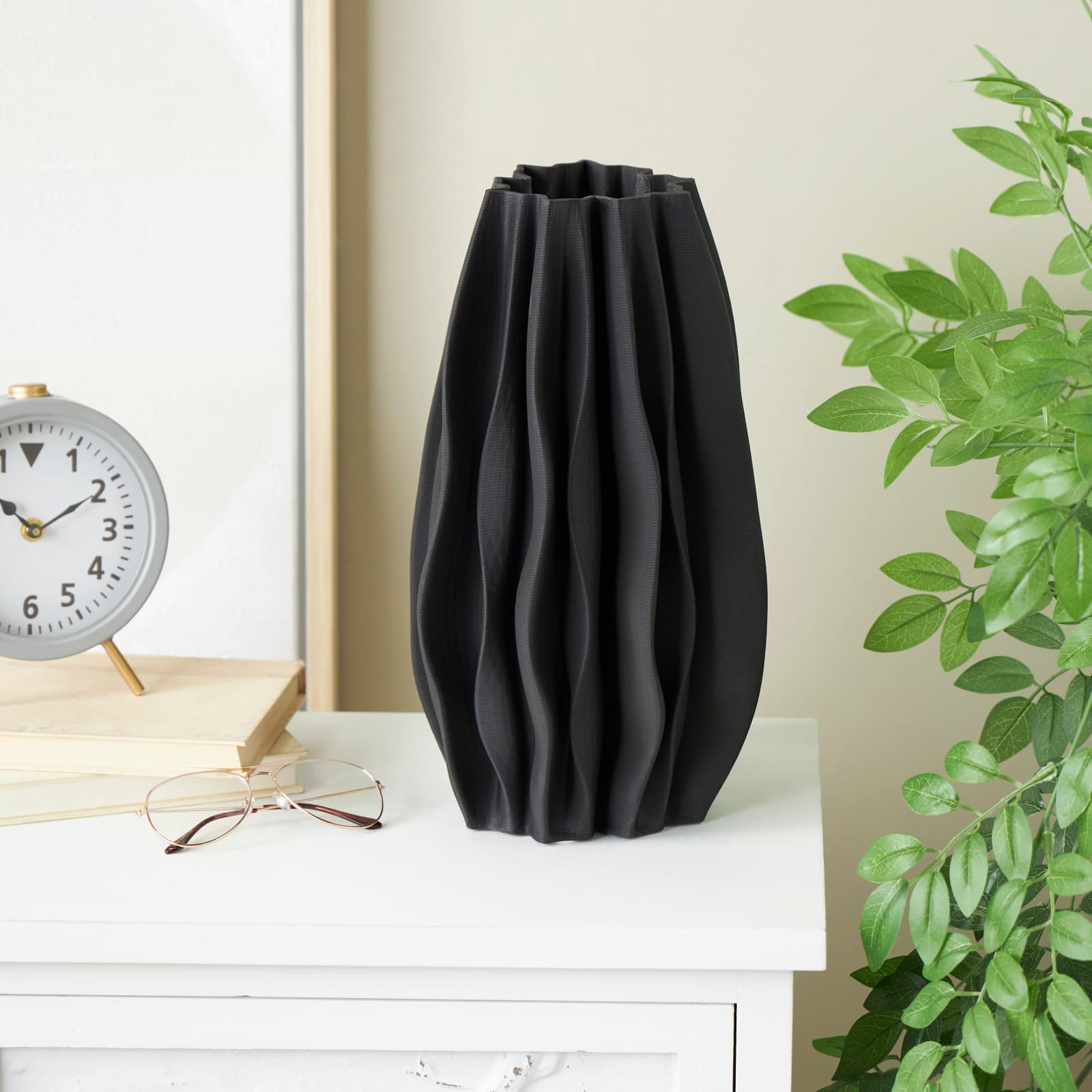 Black Abstract Dimensional Wavy Ribbed Ceramic Vase