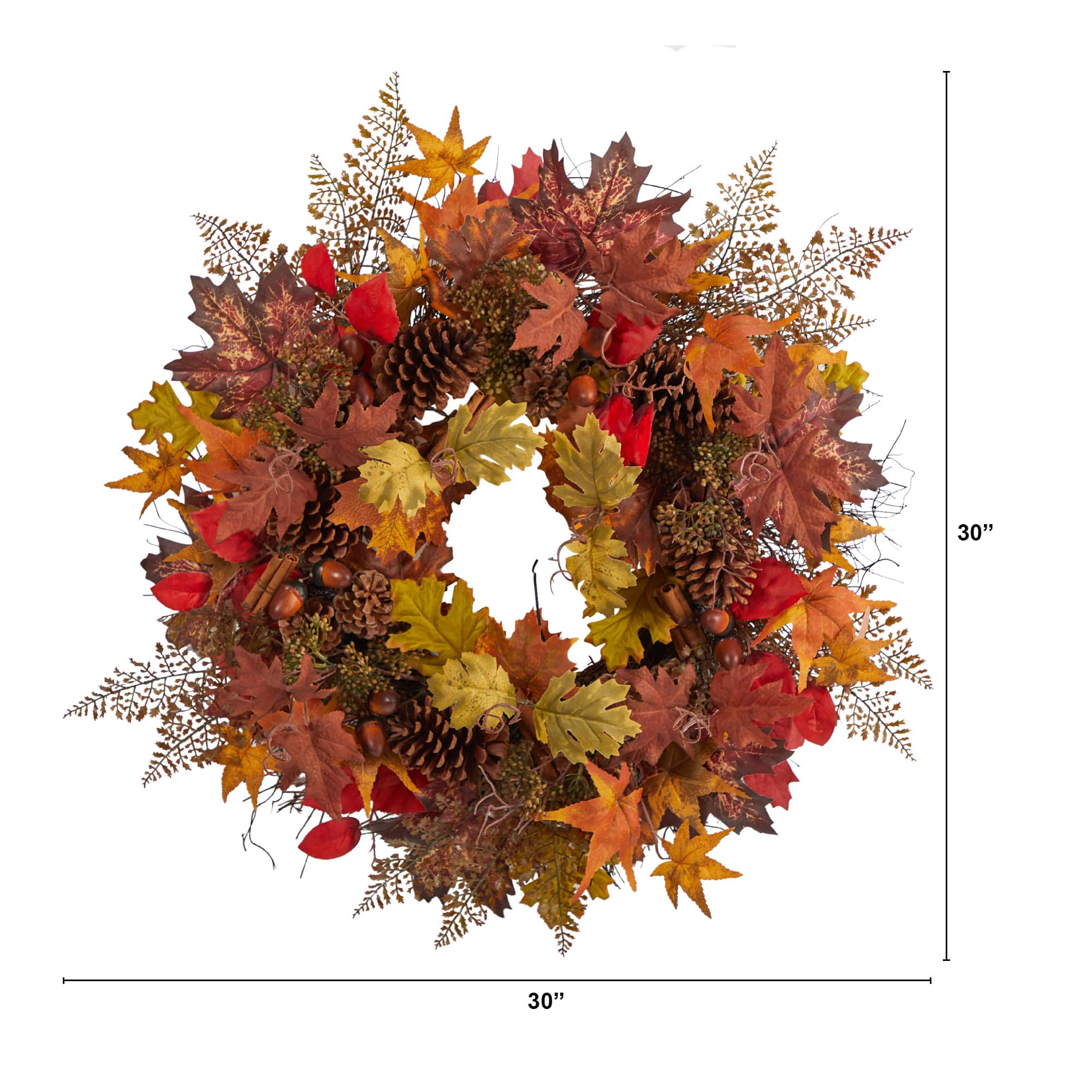 30" Autumn Maple Leaves, Acorn, Pinecones & Cinnamon Sticks Wreath