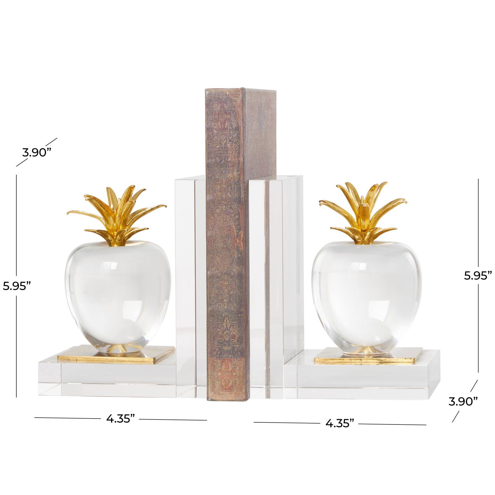 6" Clear Crystal Fruit Apple Bookends with Gold Leaves Set