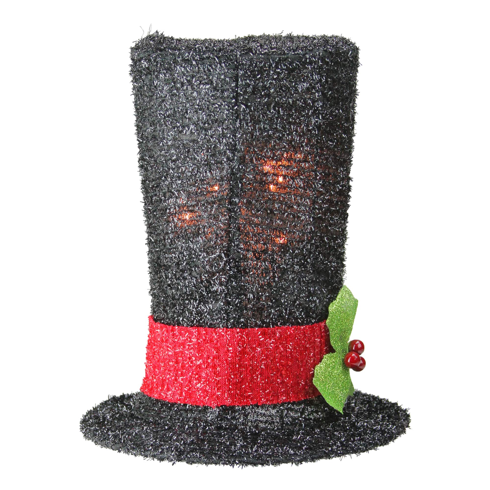 9&#x22; Lighted Black Tinsel Snowman Top Hat Christmas Tree Topper, Clear Lights