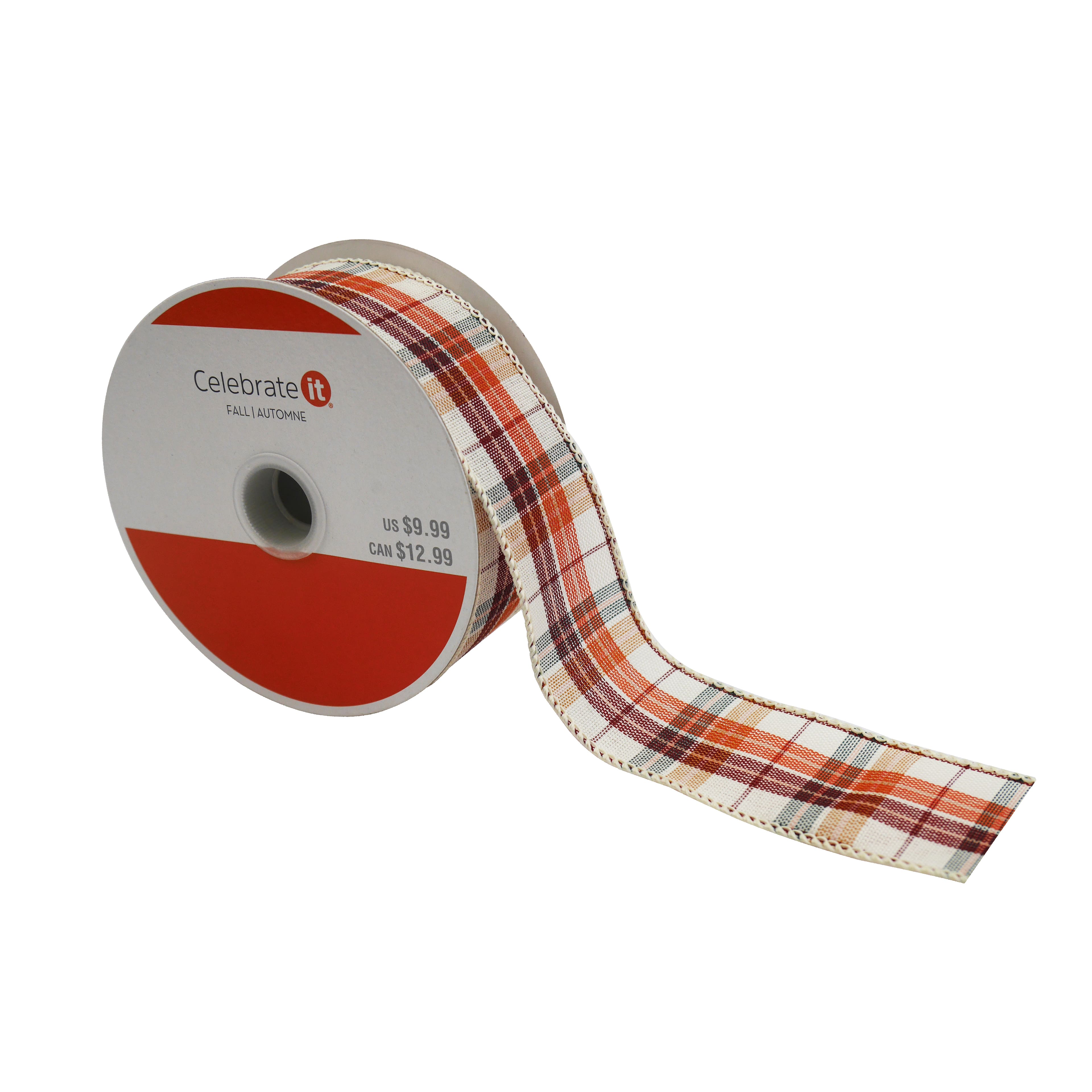 1.5&#x22; x 10yd. Orange &#x26; White Plaid Faux Linen Wired Ribbon by Celebrate It&#xAE; 