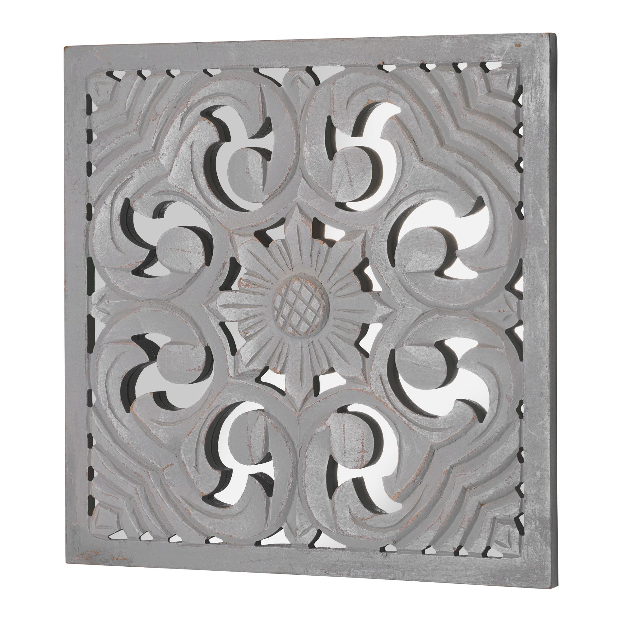 American Art D&#xE9;cor&#x2122; 16&#x22; Distressed Reflective Gray Floral Wood Square Wall Medallion