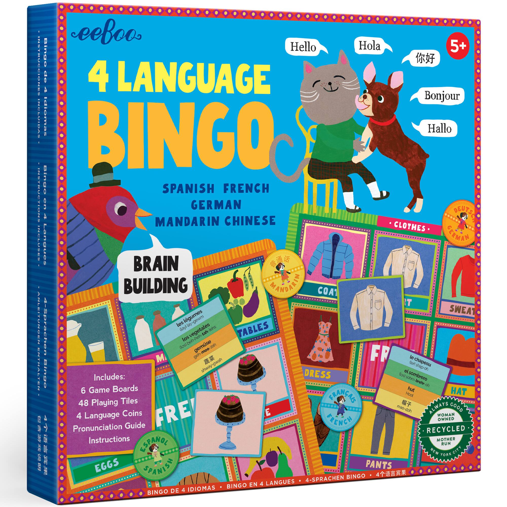 eeBoo Spanish, French, German & Mandarin Chinese 4 Language Bingo