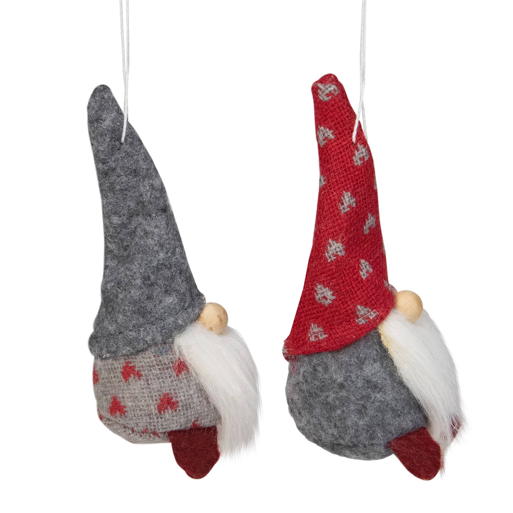 Santa Gnomes Christmas Ornaments - 4.25" - Gray and Red - Set of 2