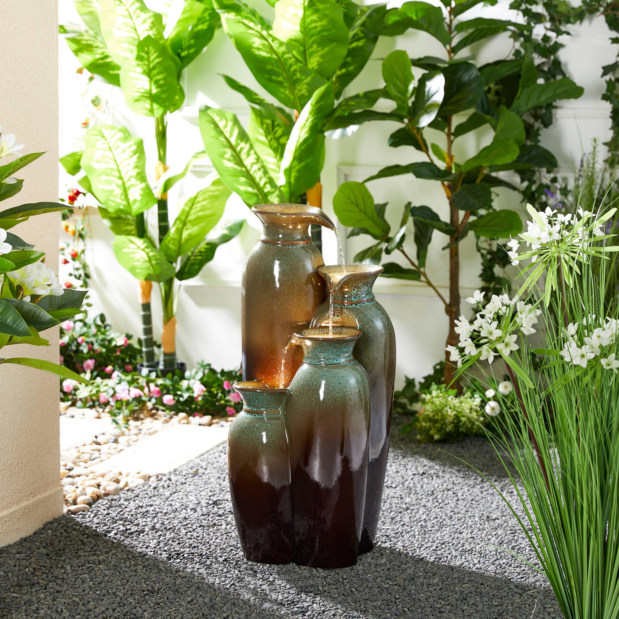 Glitzhome® 30.75" 4-Tier LED Reactive Glaze Ceramic Vase Outdoor Floor Fountain