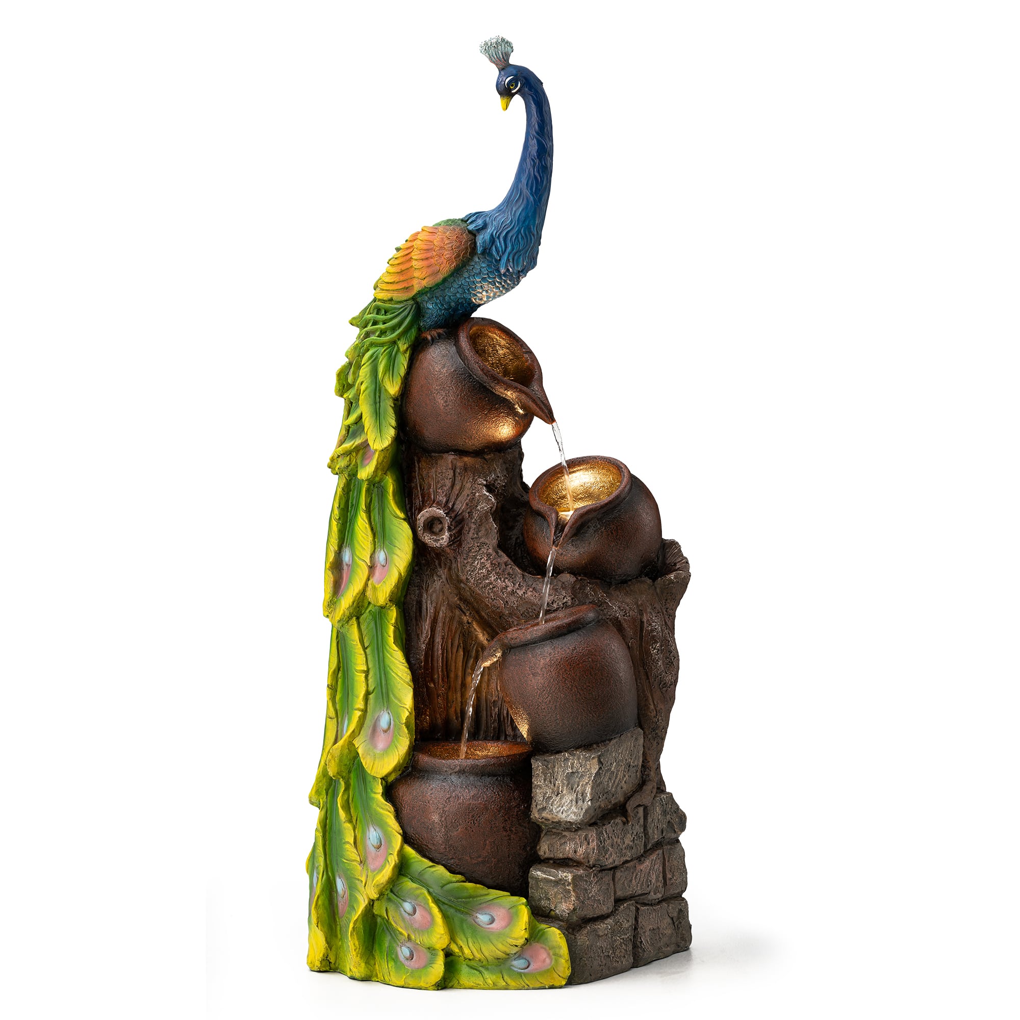 Glitzhome&#xAE; 40&#x22; LED 4-Tier Peacock &#x26; Jars Outdoor Floor Fountain
