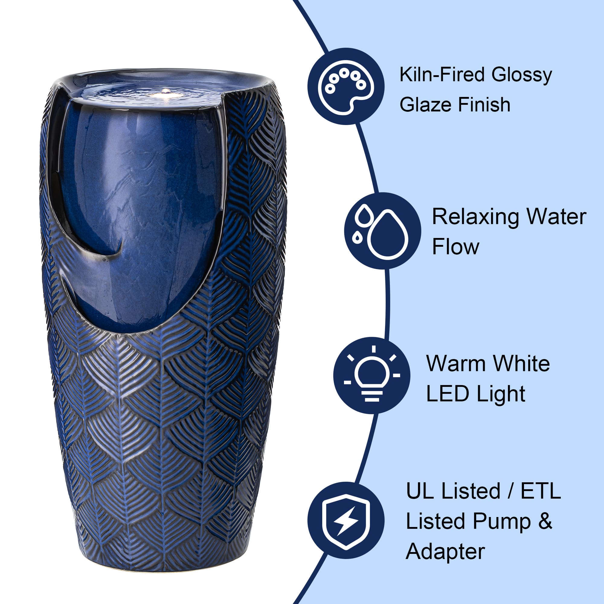 Glitzhome&#xAE; 29.25&#x22; LED Cobalt Blue Scale-Like Ceramic Pot Outdoor Floor Fountain