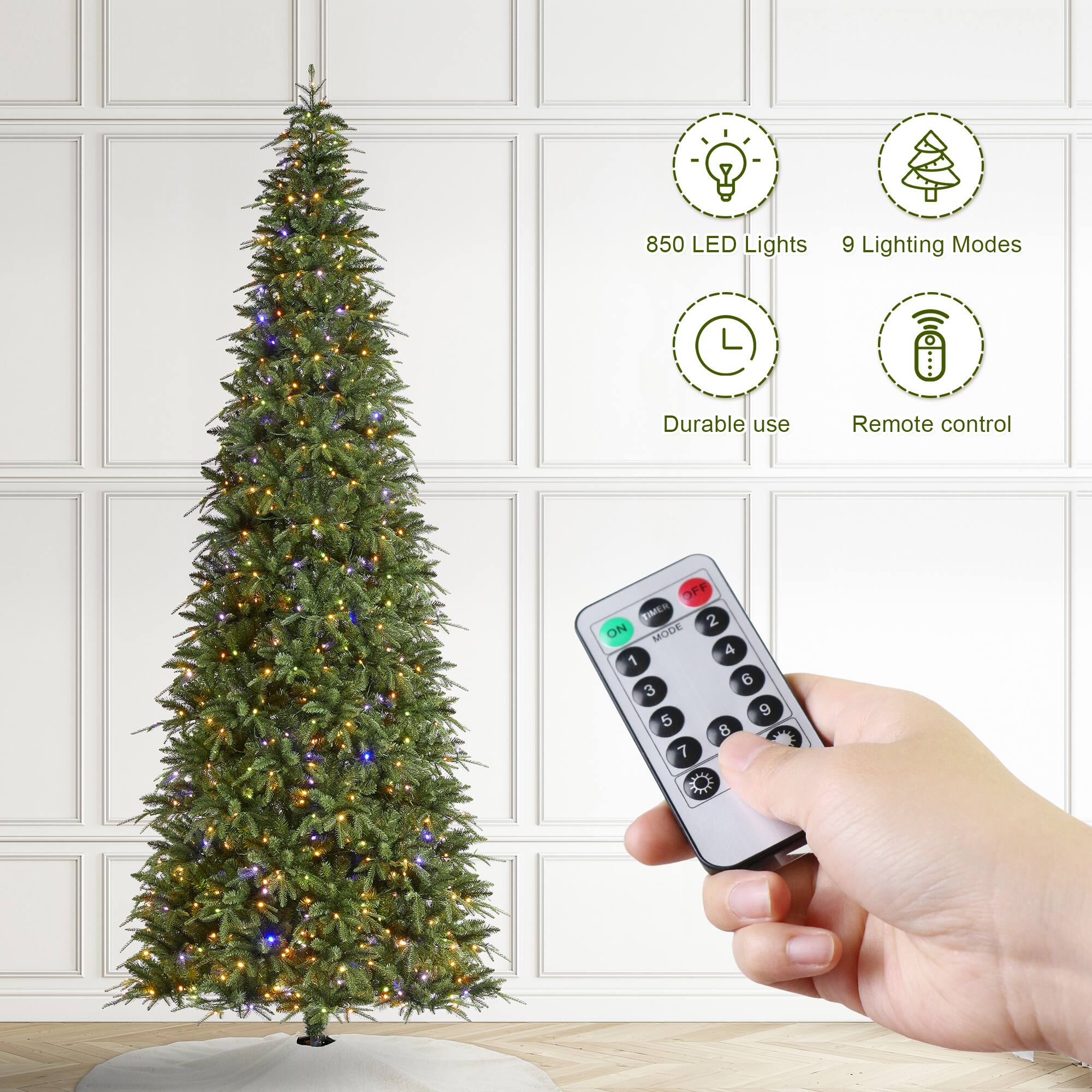 Glitzhome&#xAE; 11ft Pre-Lit Green Slim Fir Artificial Christmas Tree, Multicolor LED Lights