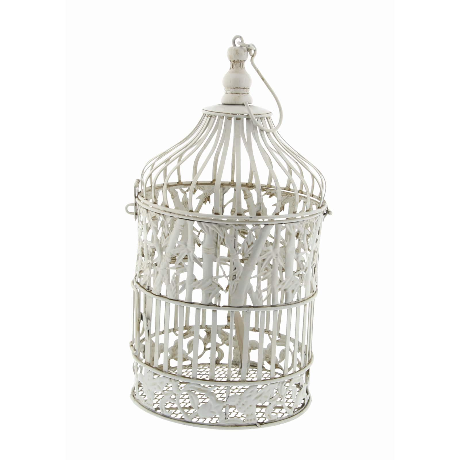 Vintage Distressed White Metal Floral Bird Cage Set