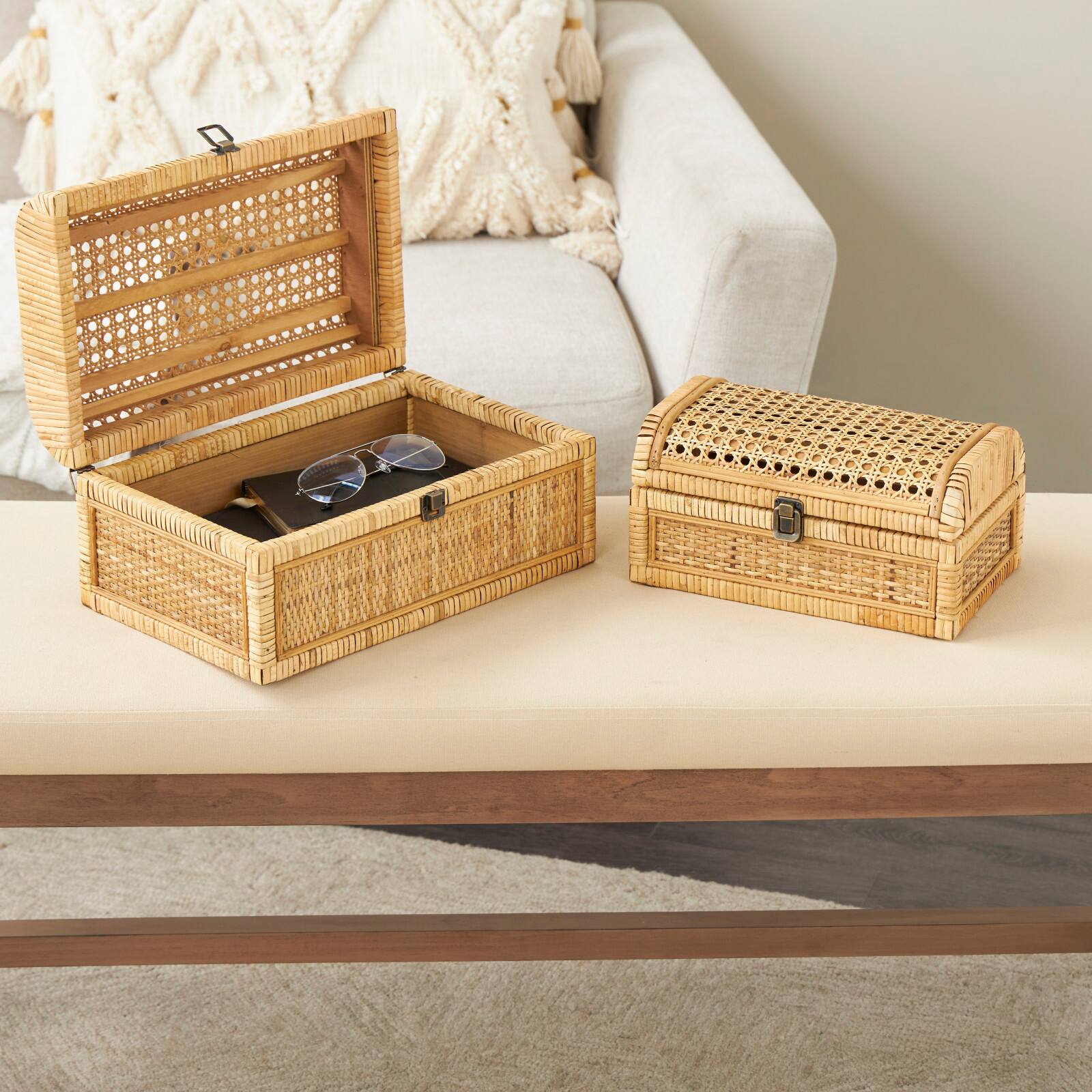 Brown Rattan Handmade Woven Storage Box with Curved Tops & Wrapped Edges, 2ct.