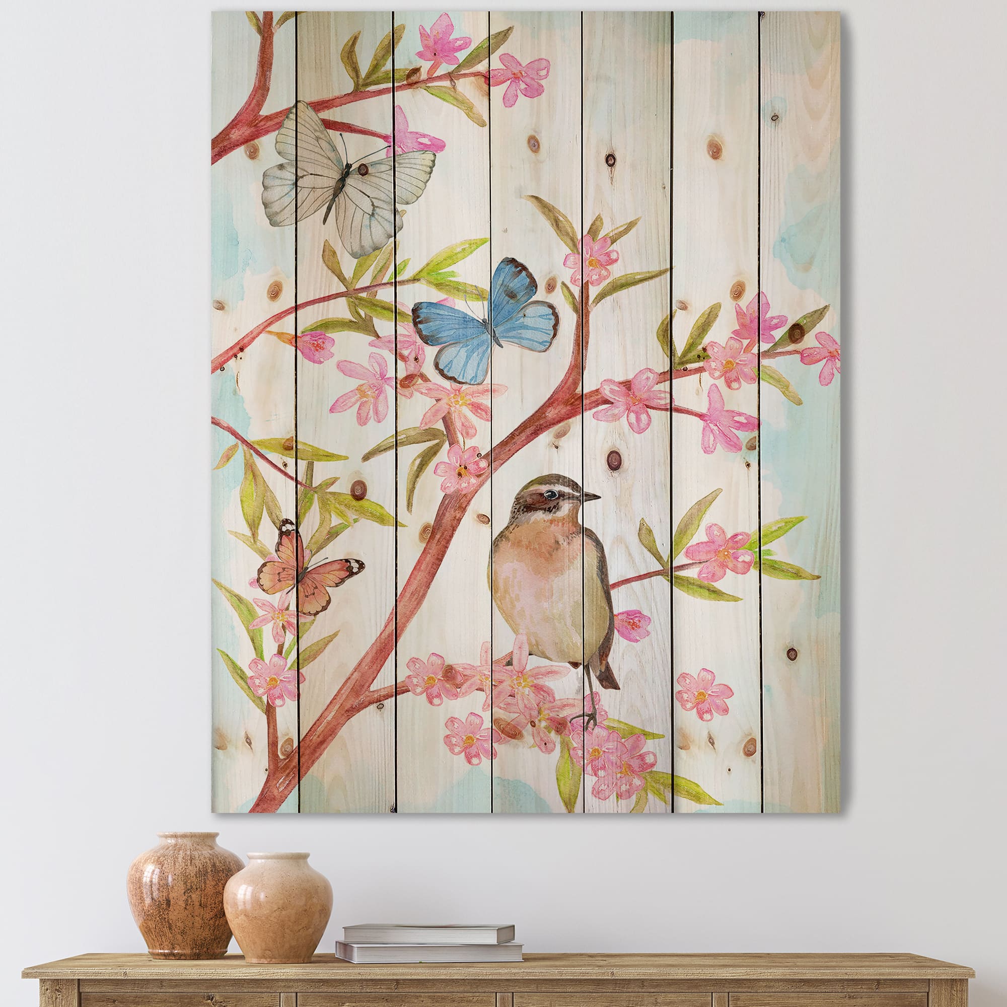 Designart - Clever Bird Sitting On Branch of A Spring Tree - Traditional Print on Natural Pine Wood
