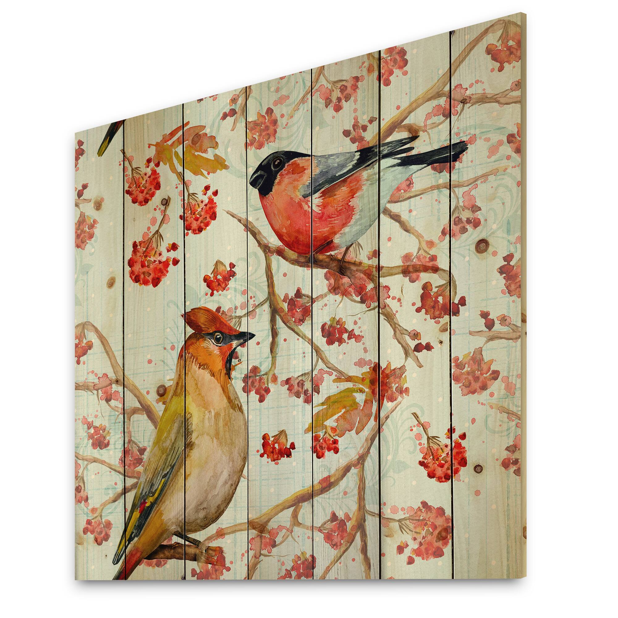 Designart - Two Birds On Branches During Autumn - Traditional Print on Natural Pine Wood