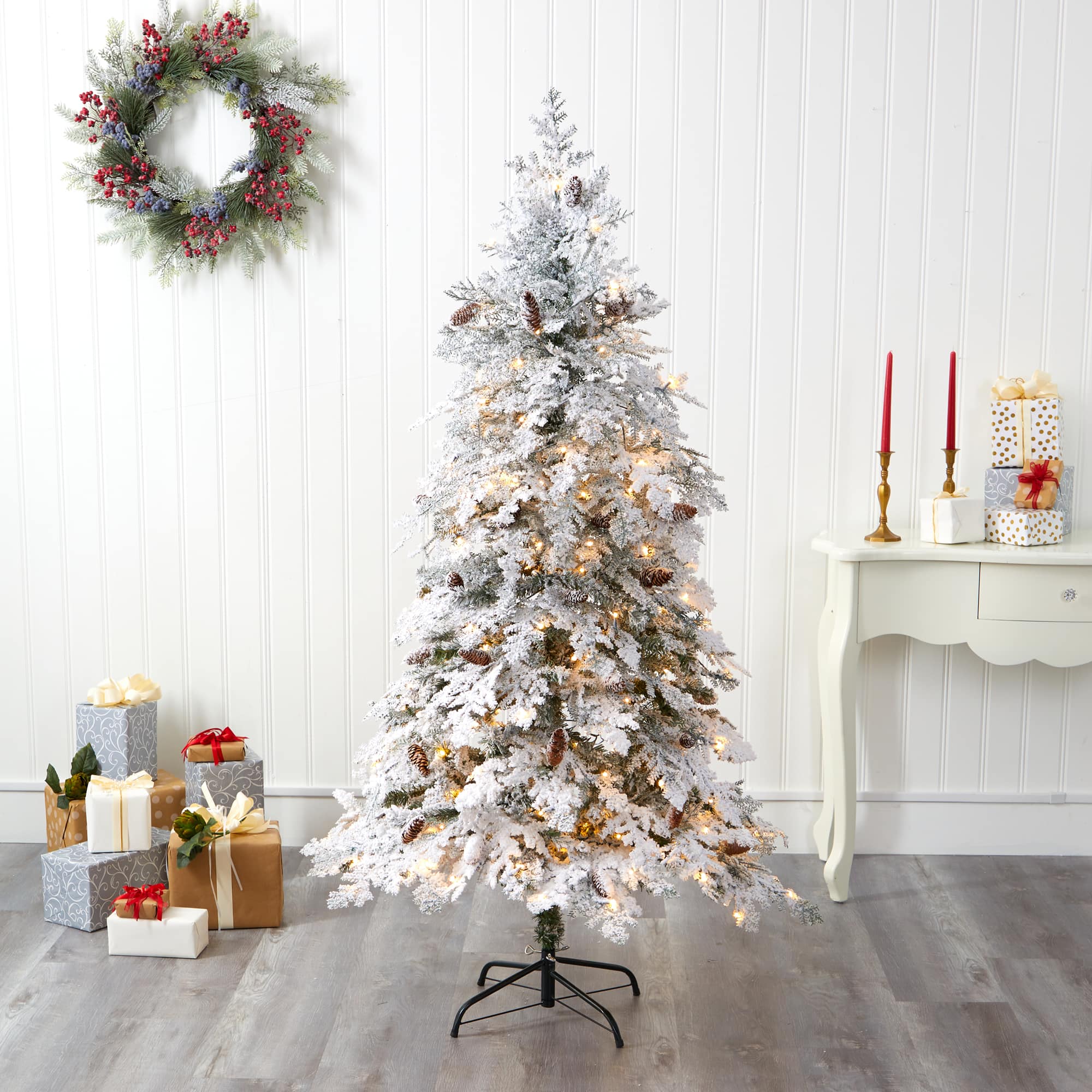 6ft. Pre-Lit Flocked Montana Down Swept Spruce Artificial Christmas Tree with Clear LED Lights