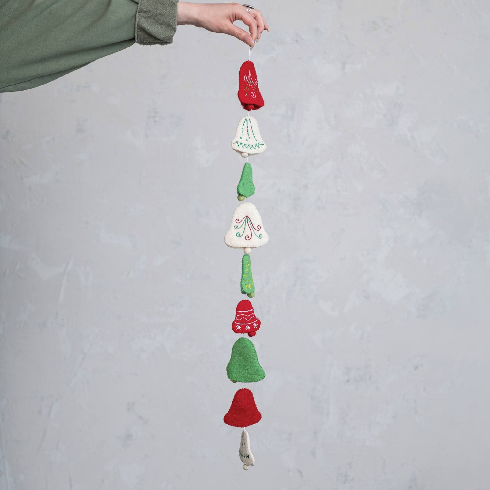 Hello Honey® 6ft. Cream, Red & Green Handmade Wool Felt Embroidered Bells Garland