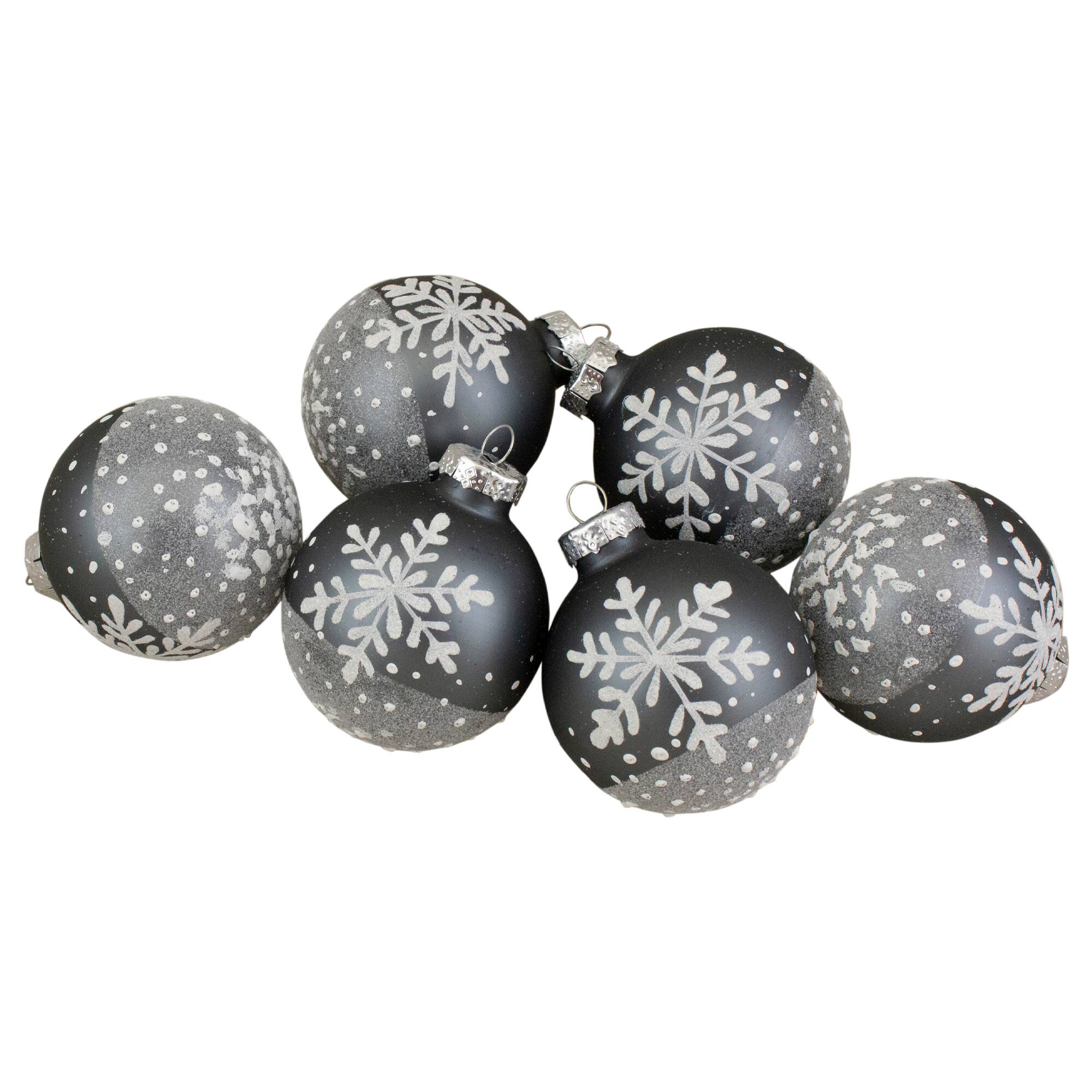 6ct. 4&#x22; Gray &#x26; White Snowflake Glass Ball Ornaments