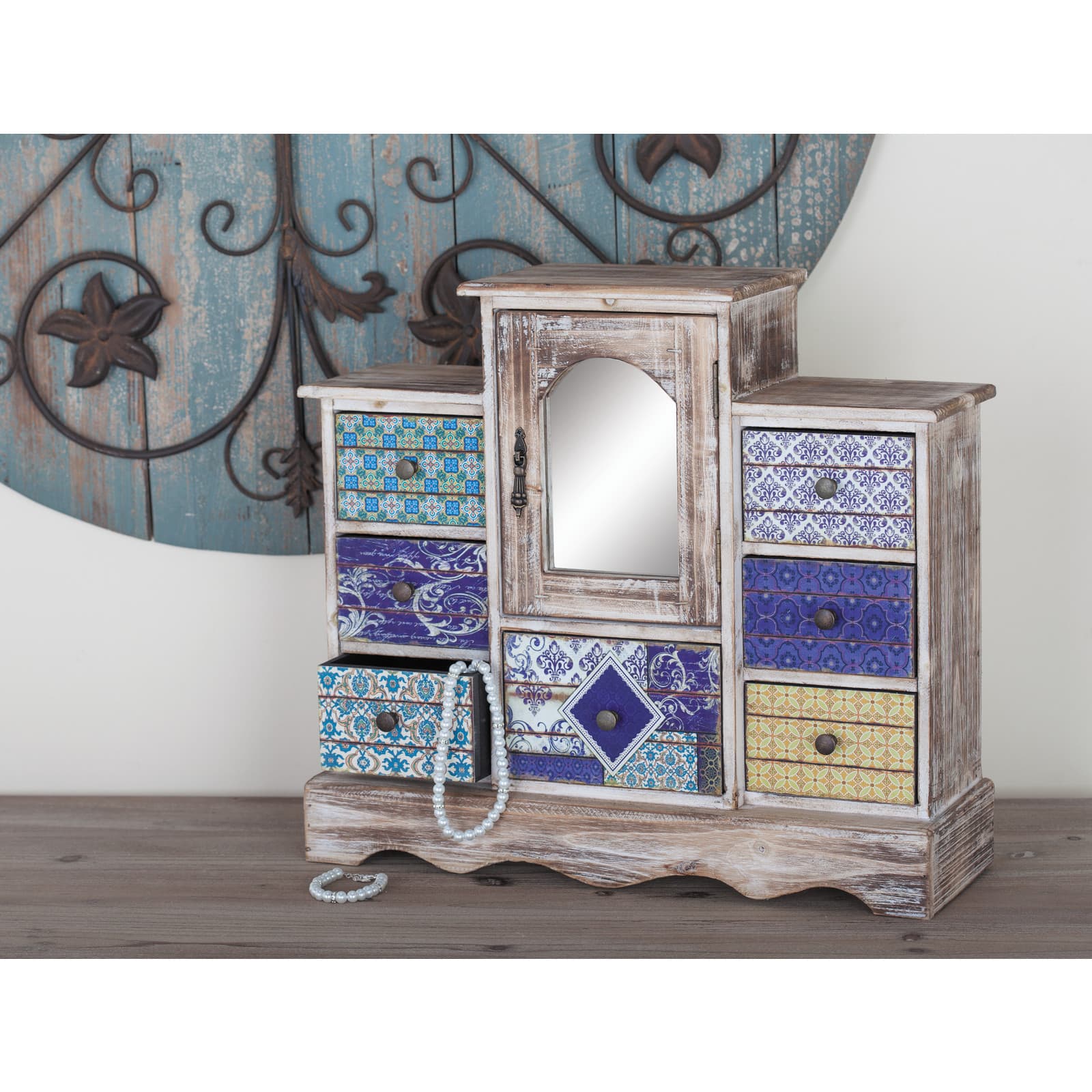 16&#x22; White &#x26; Blue Wood Vintage Jewelry Box