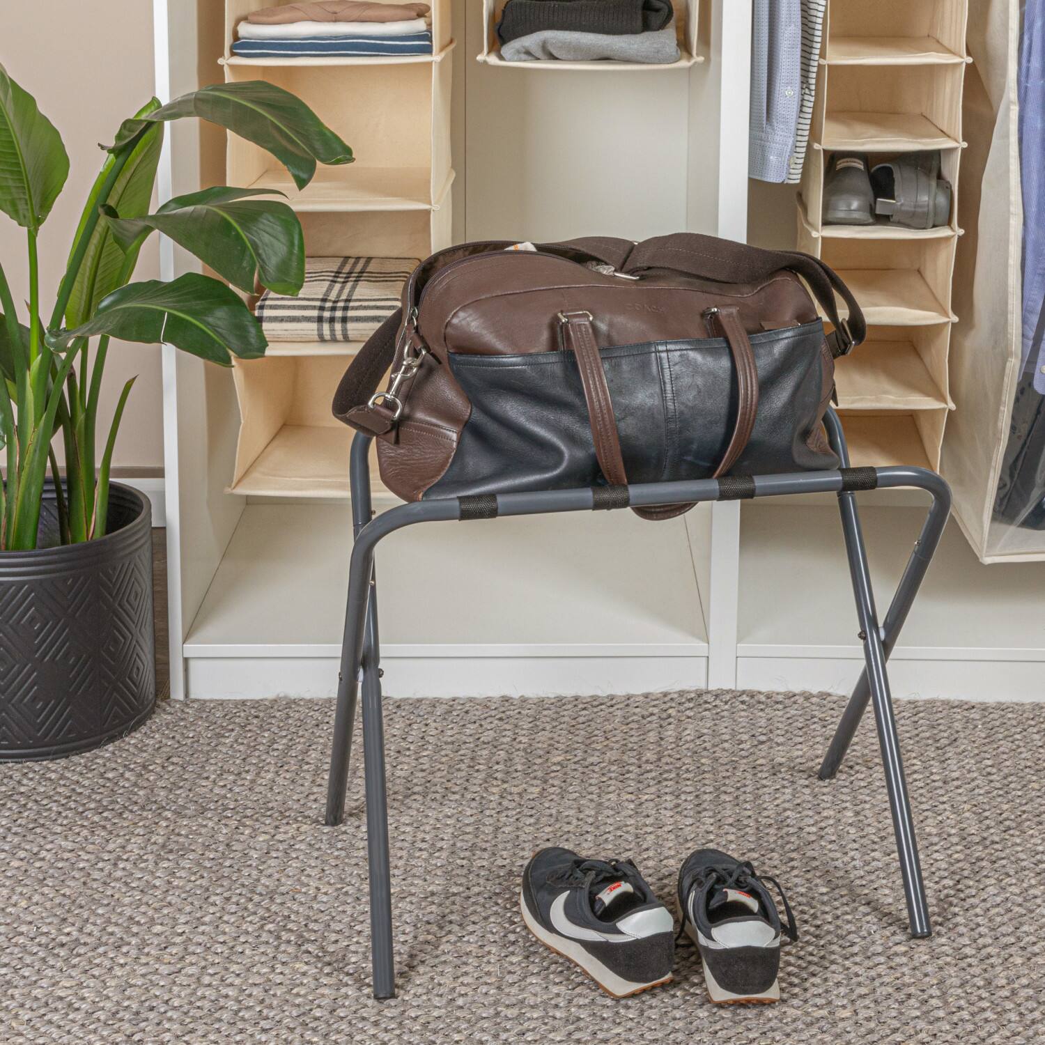 Household Essentials Gray Frame with Black Straps Luggage Rack