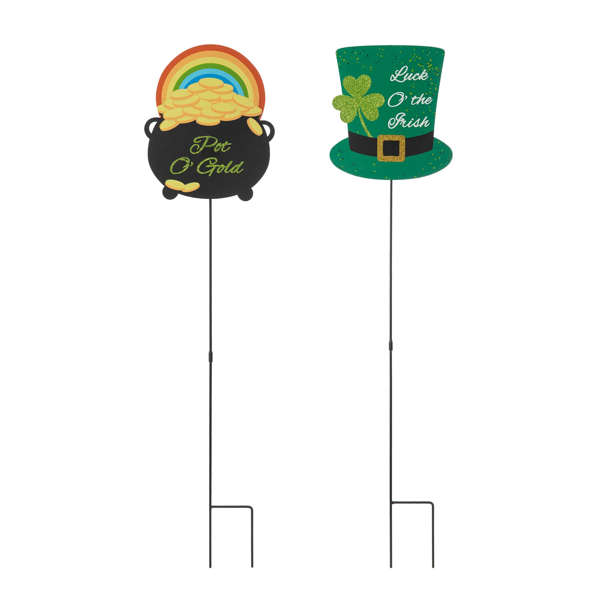 Glitzhome&#xAE; St. Patrick&#x27;s Pot of Gold &#x26; Leprechaun Hat Metal Yard Stake Set