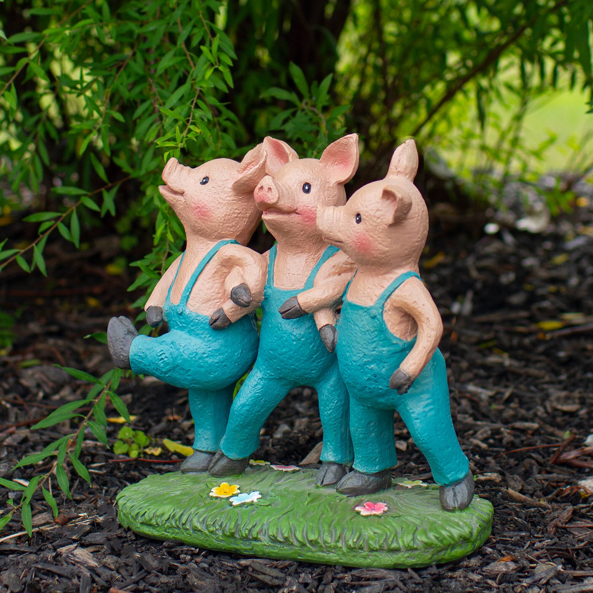 8" Three Pigs Dancing in Blue Overalls Garden Statue