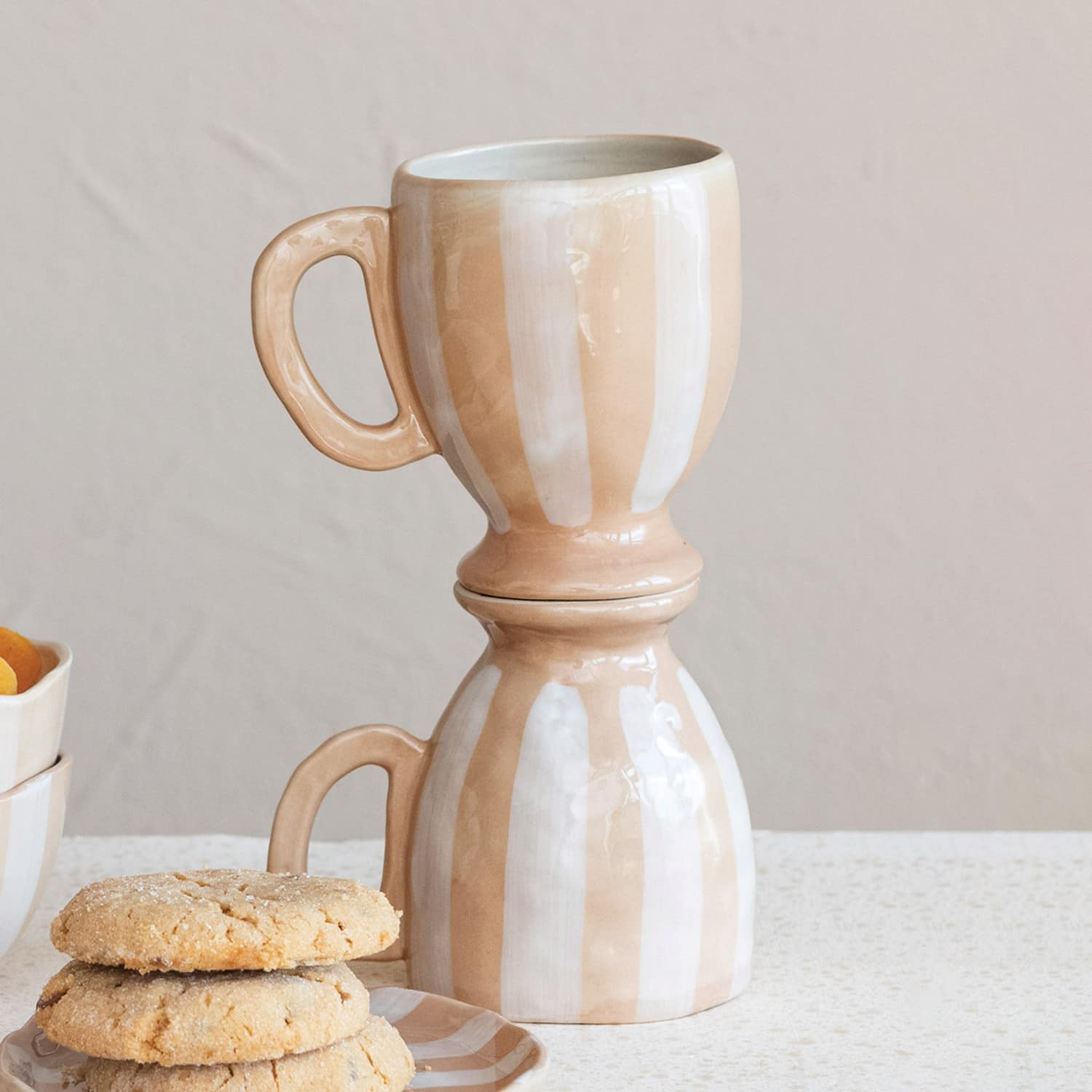 Hello Honey&#xAE; 14oz. Brown &#x26; White Stripe Hand-Painted Stoneware Footed Mug, 4ct.