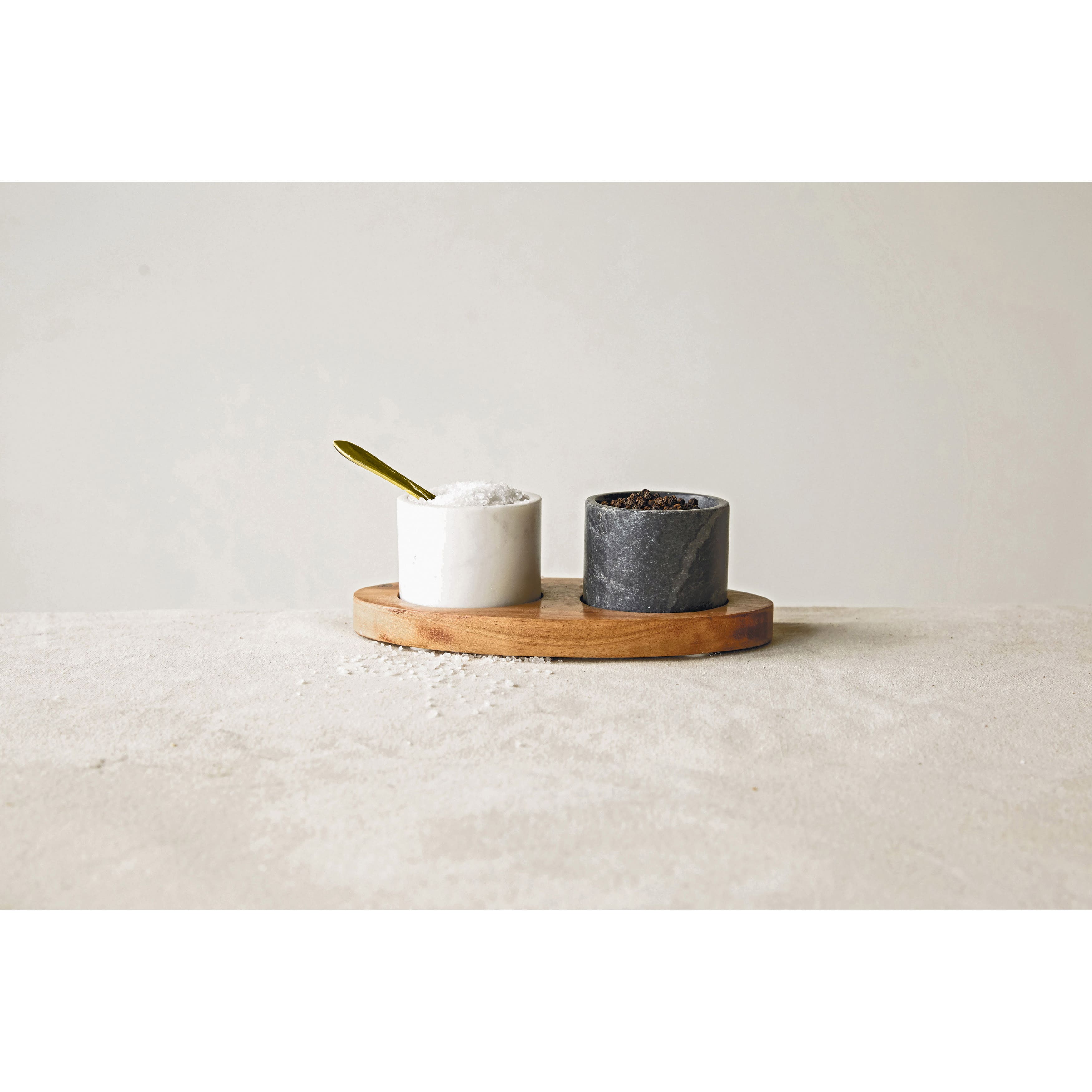 Marble Salt &#x26; Pepper Bowls on Mango Wood Tray Set