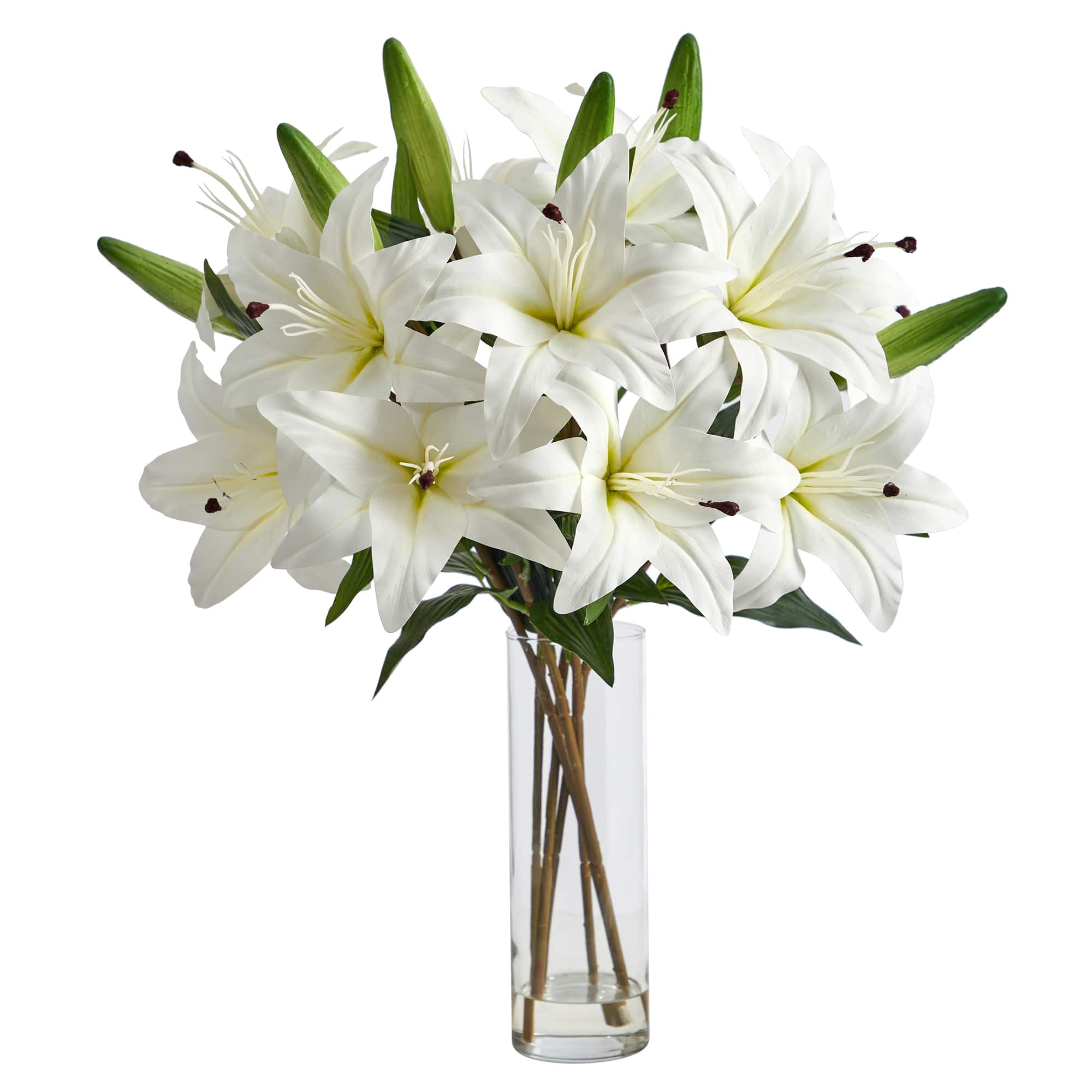 25" Artificial White Lily Arrangement with Cylinder Glass Vase