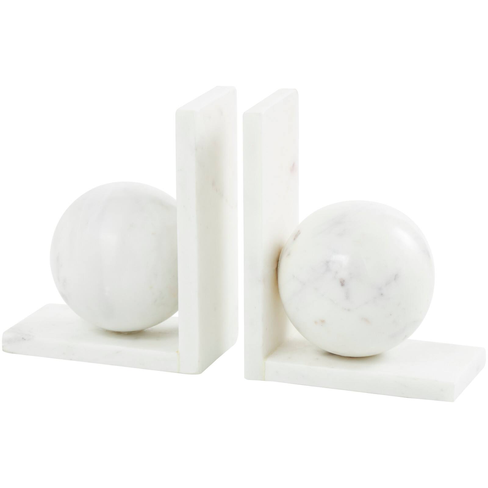 7" White Marble Sleek Orb Geometric Bookends with L-Shaped Bases Set