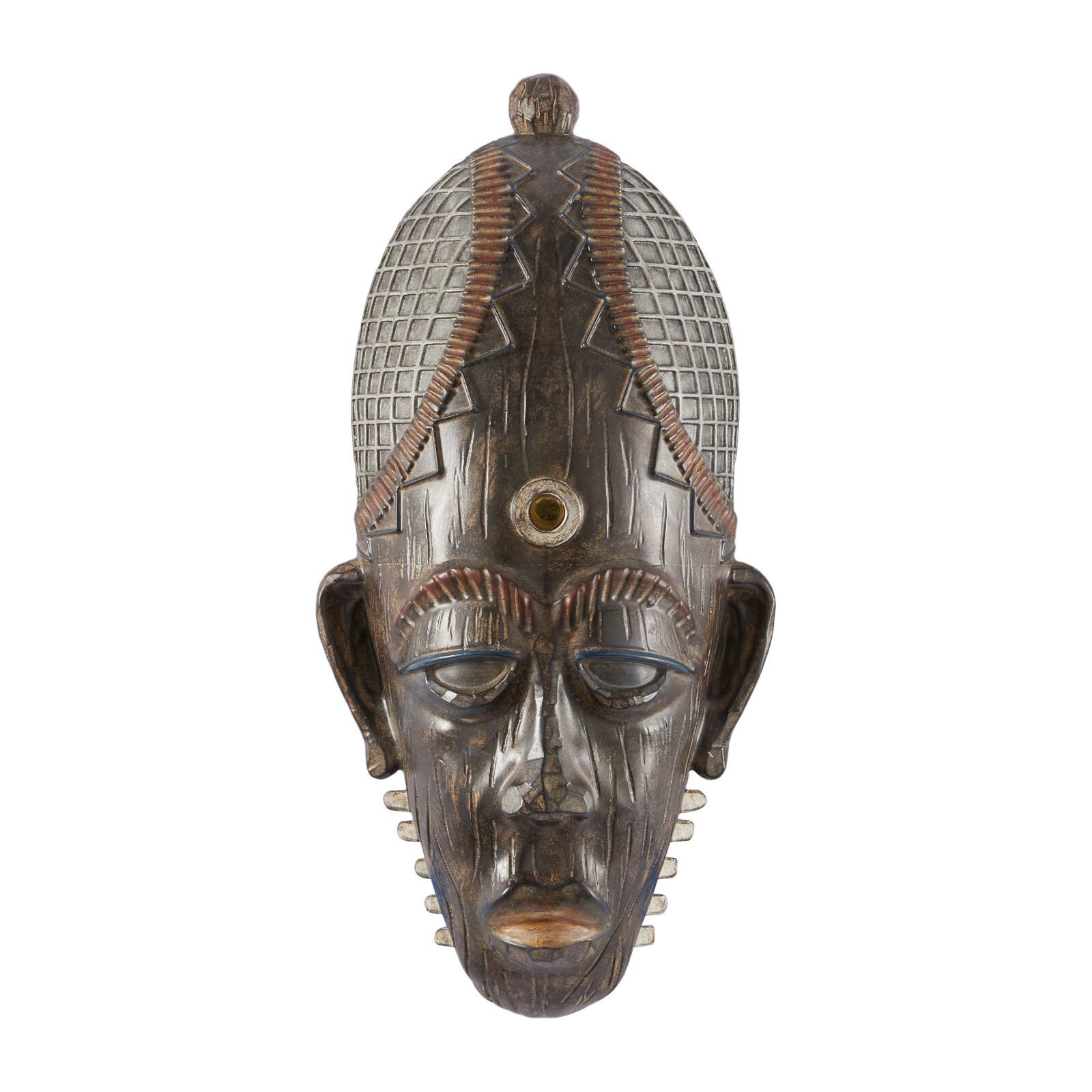 Brown Polystone Primitive African Mask Sculpture 8" x 4" x 18"