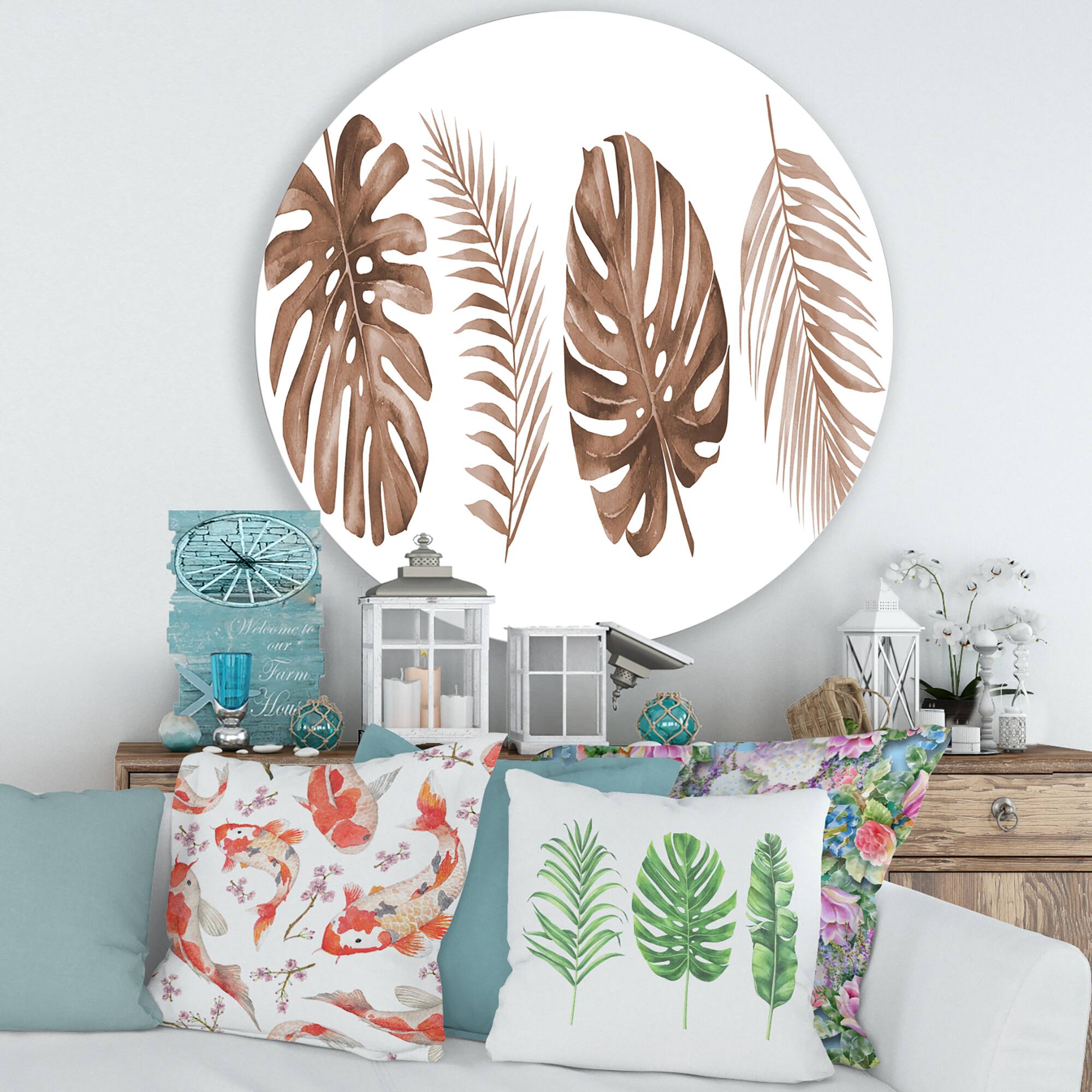Designart - Tropical Monstera and Palm Leaf In Terracotta - Traditional Metal Circle Wall Art