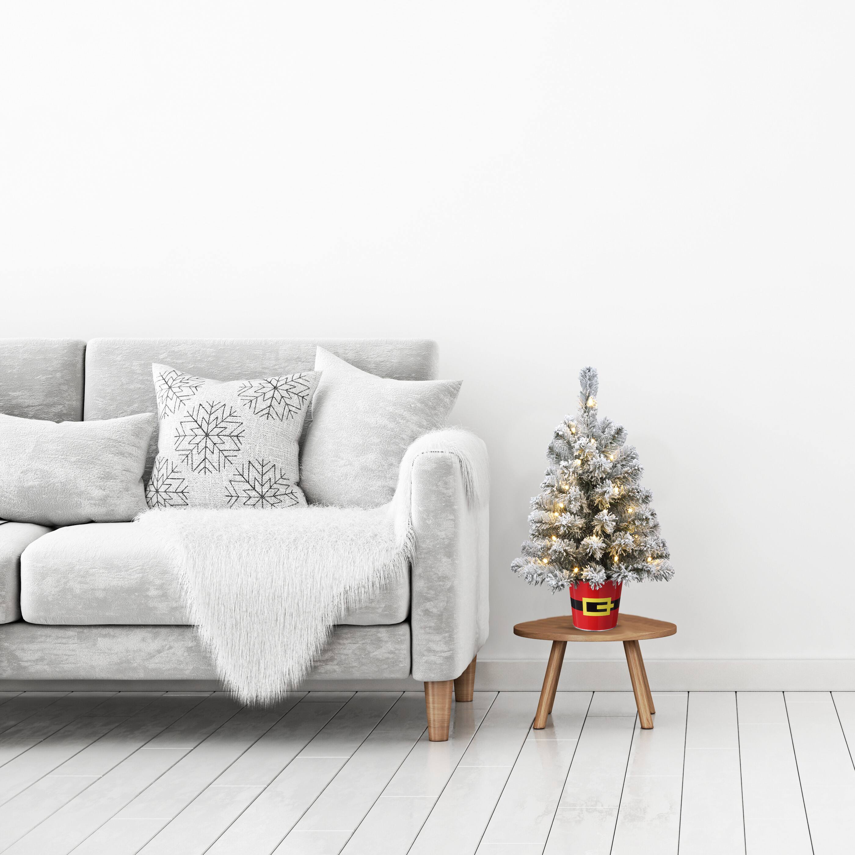 20" Pre-Lit Night Night™ Snowy Flocked Pine Artificial Tabletop Christmas Tree in Santa Belt Base, Clear LED Lights