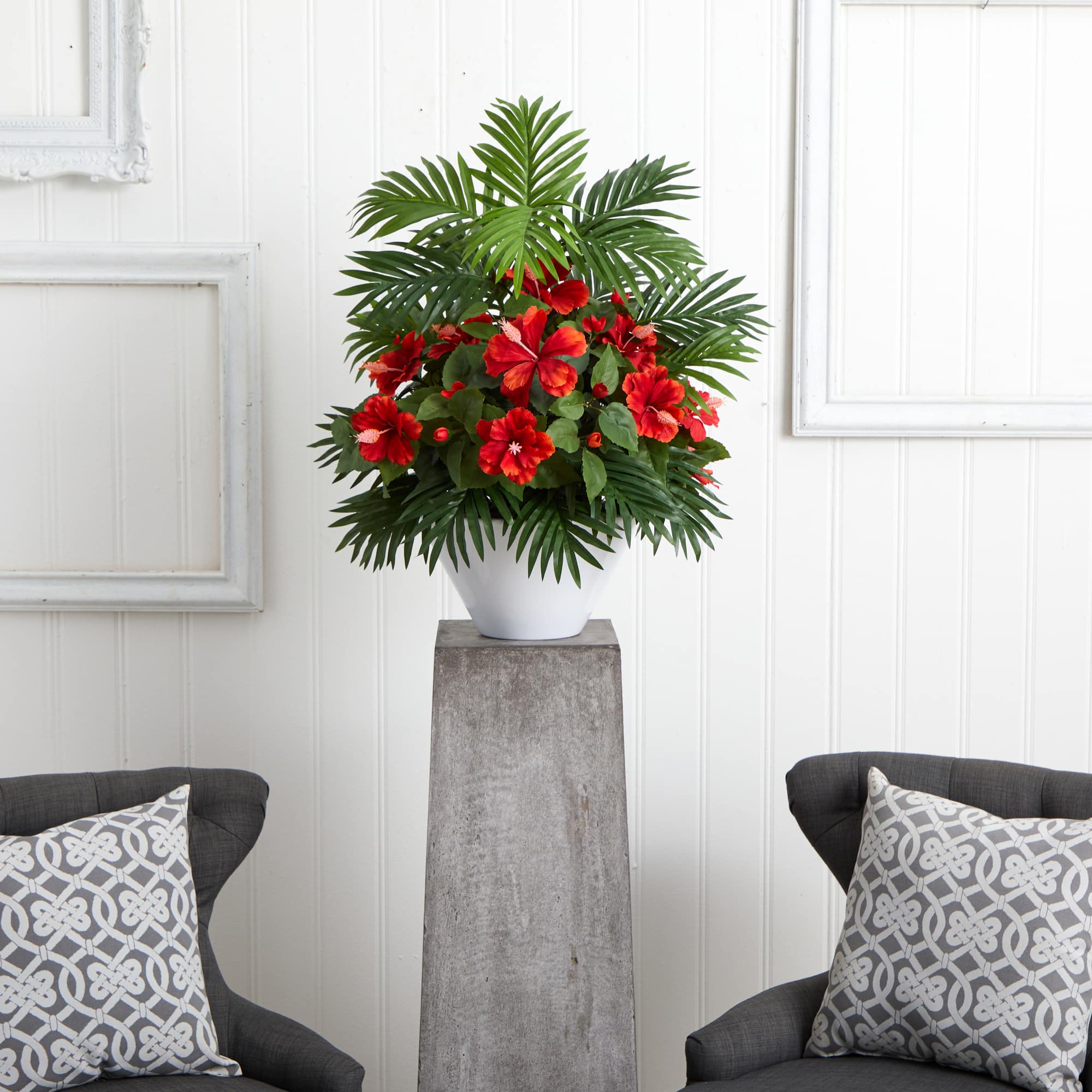 2.2ft. Red Hibiscus &#x26; Areca Palm Artificial Plant in White Bowl 