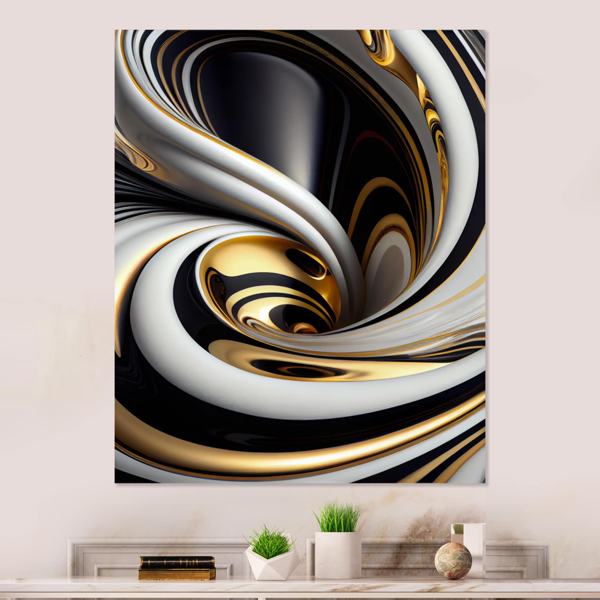 Designart 'Gold Black And White Stained Glass I' Modern Canvas Wall Art