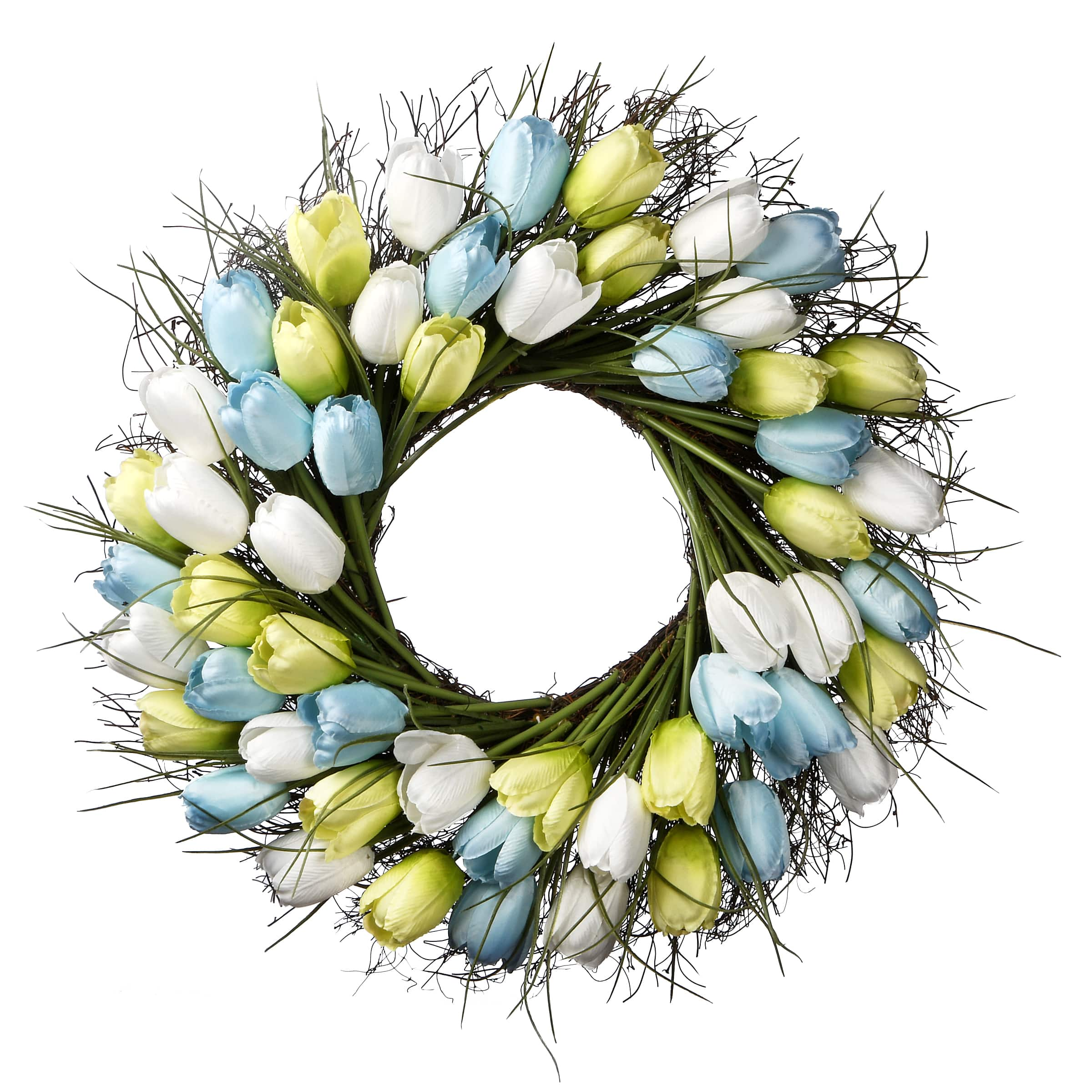 22&#x22; White, Blue, &#x26; Green Spring Tulip Wreath