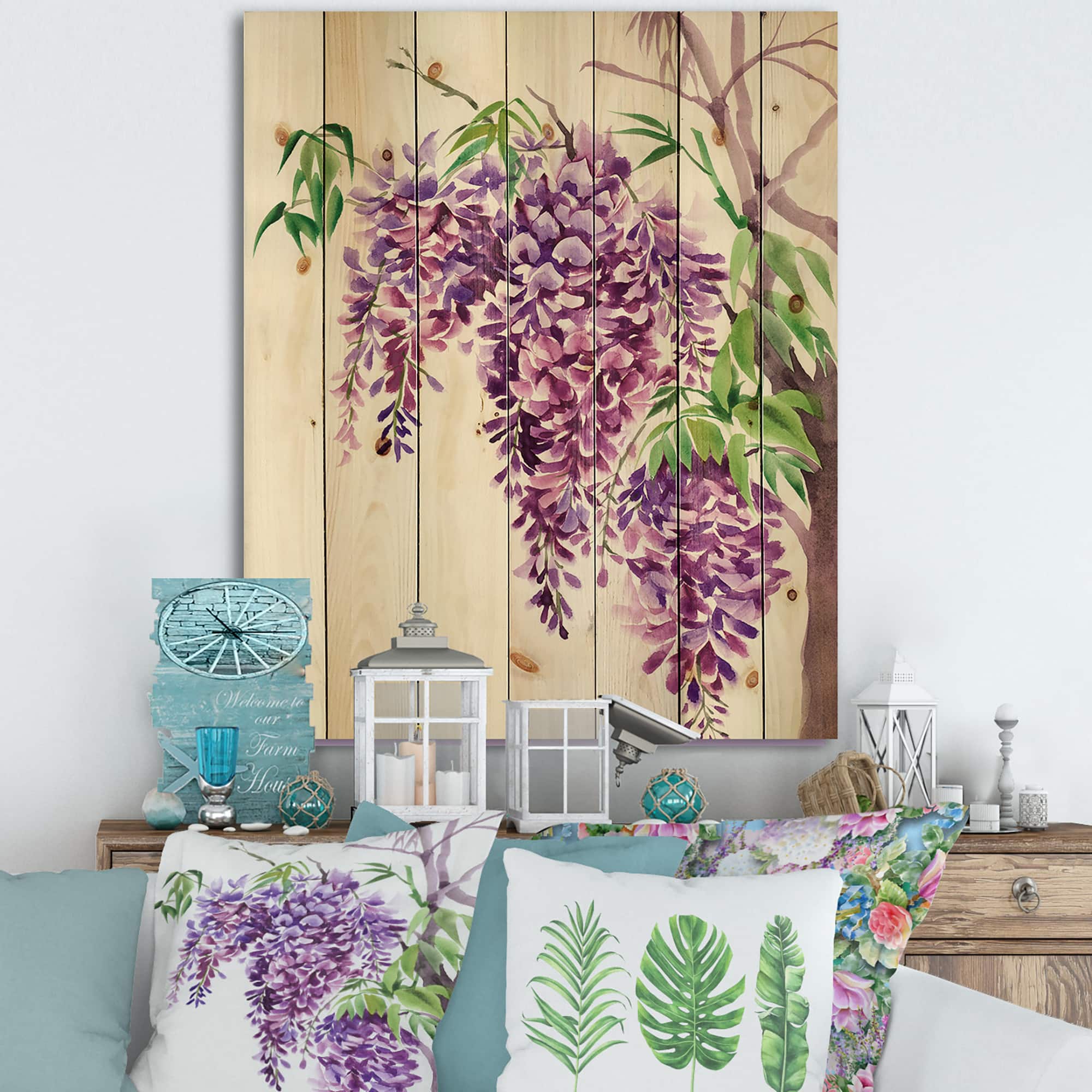 Designart - Purple Wisteria Branches - Traditional Print on Natural Pine Wood