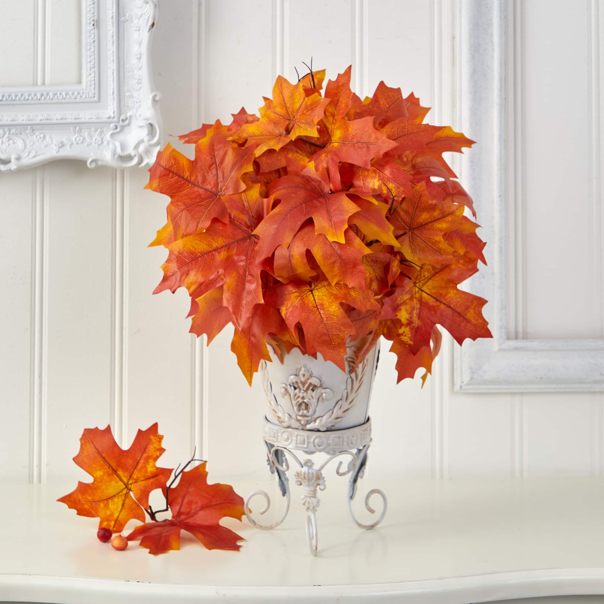 20" Orange Autumn Maple Leaf Plant in Metal Planter