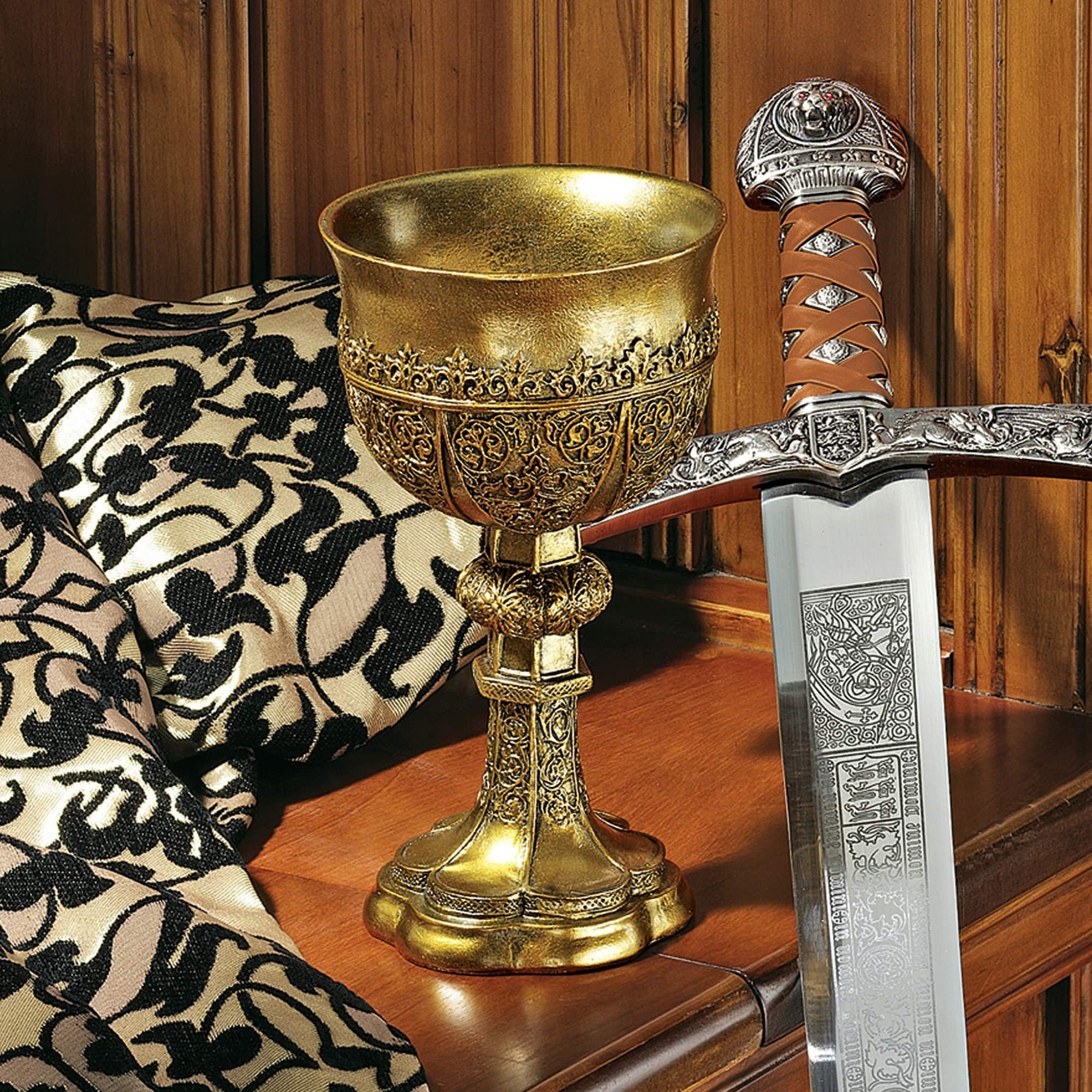 9&#x22; King Arthur&#x27;s Golden Chalice Gothic Sculpture