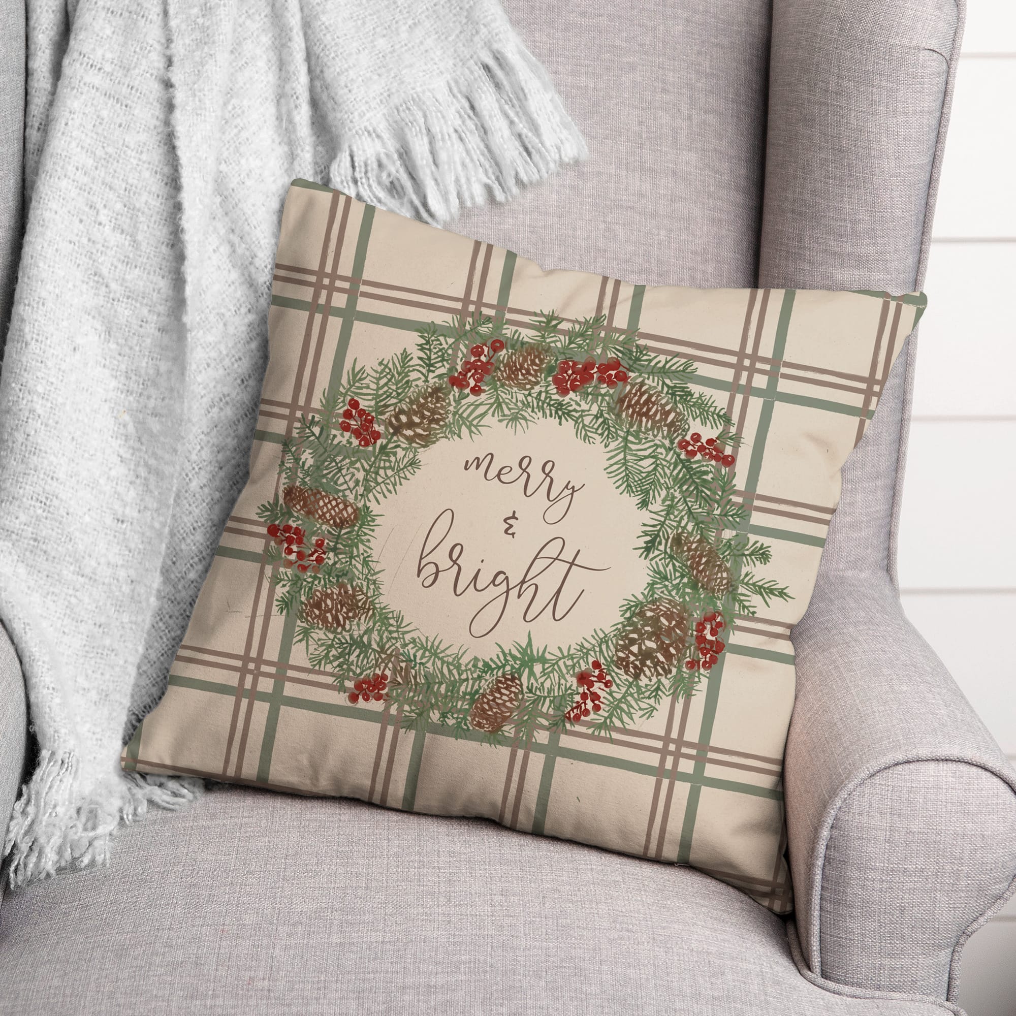 Merry & Bright Plaid Square Throw Pillow