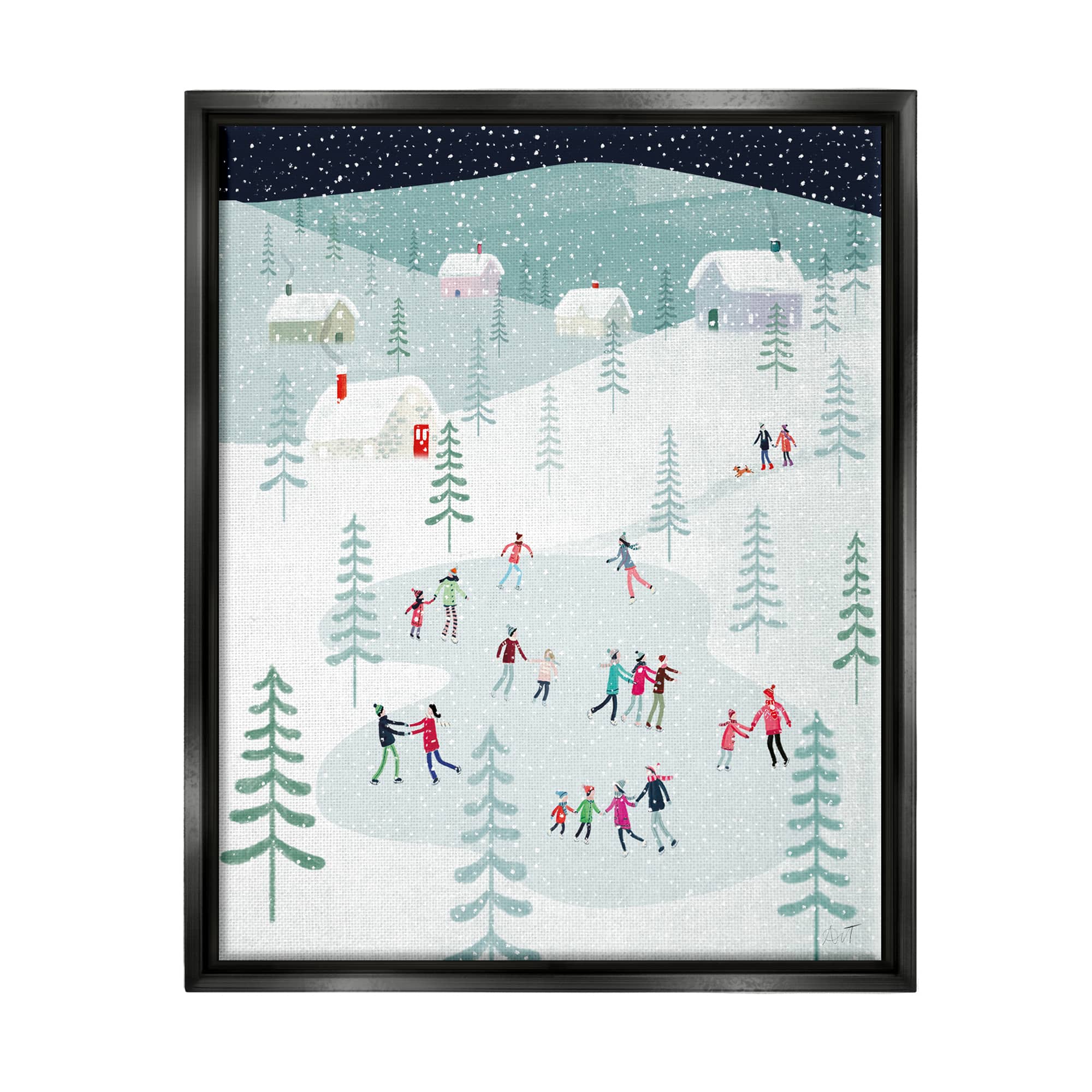 Stupell Industries Ice Skating Families Snowfall Framed Floater Canvas Wall Art
