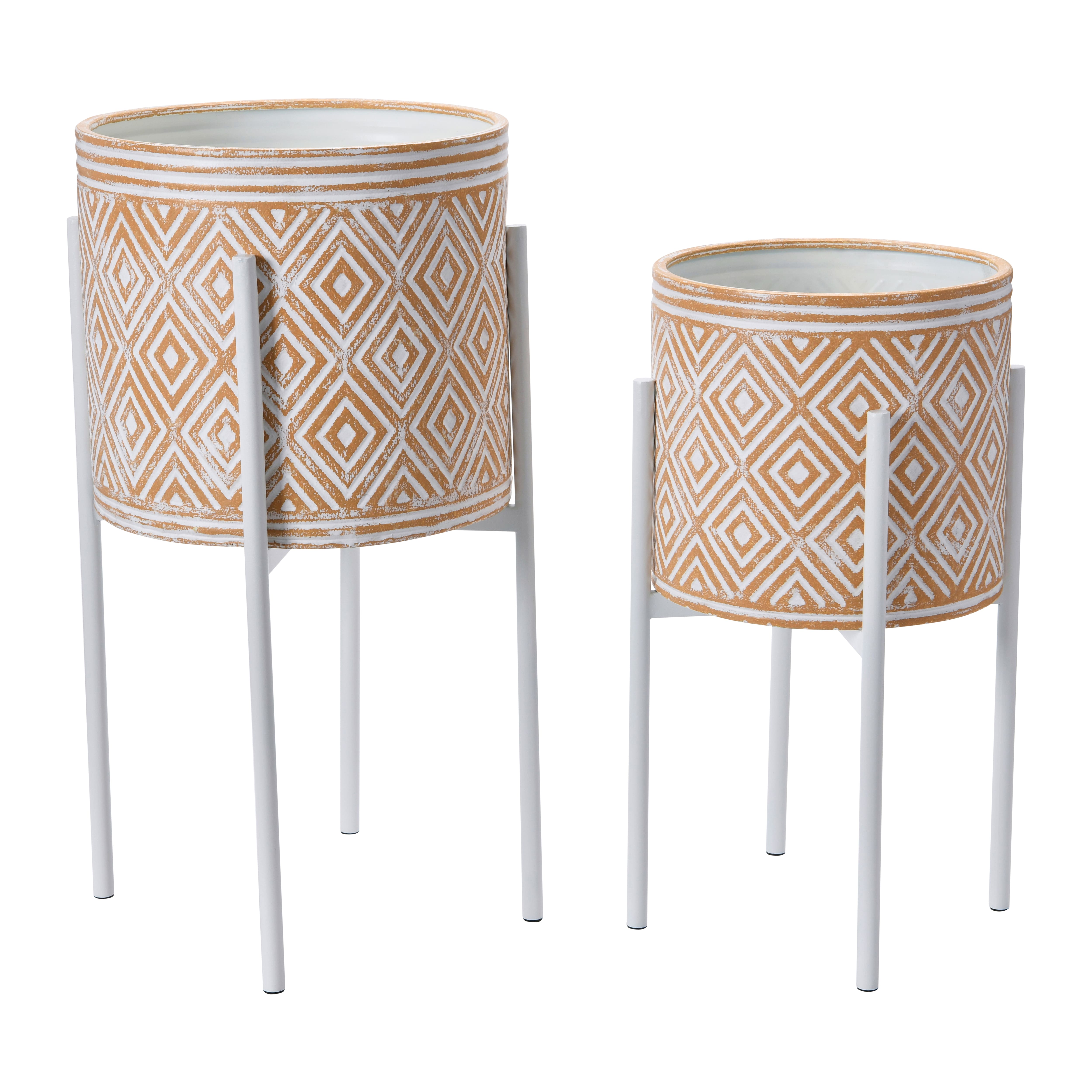 White &#x26; Terracotta Boho Embossed Metal Planters with Stands Set
