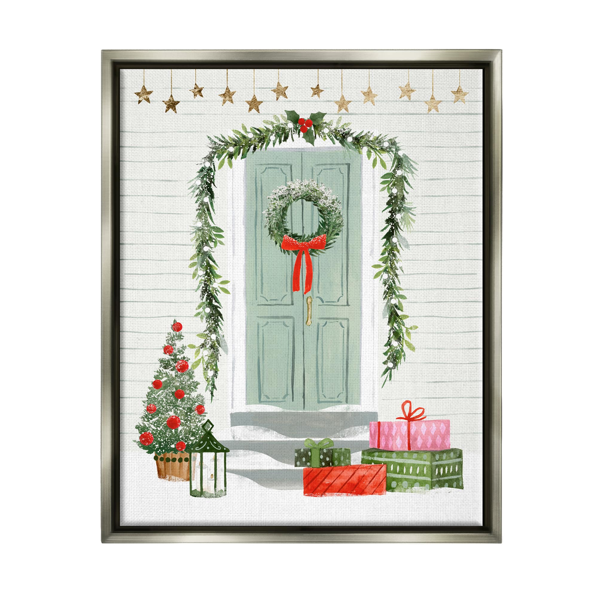 Stupell Industries Christmas Presents Wreath Doorstep Framed Floater Canvas Wall Art