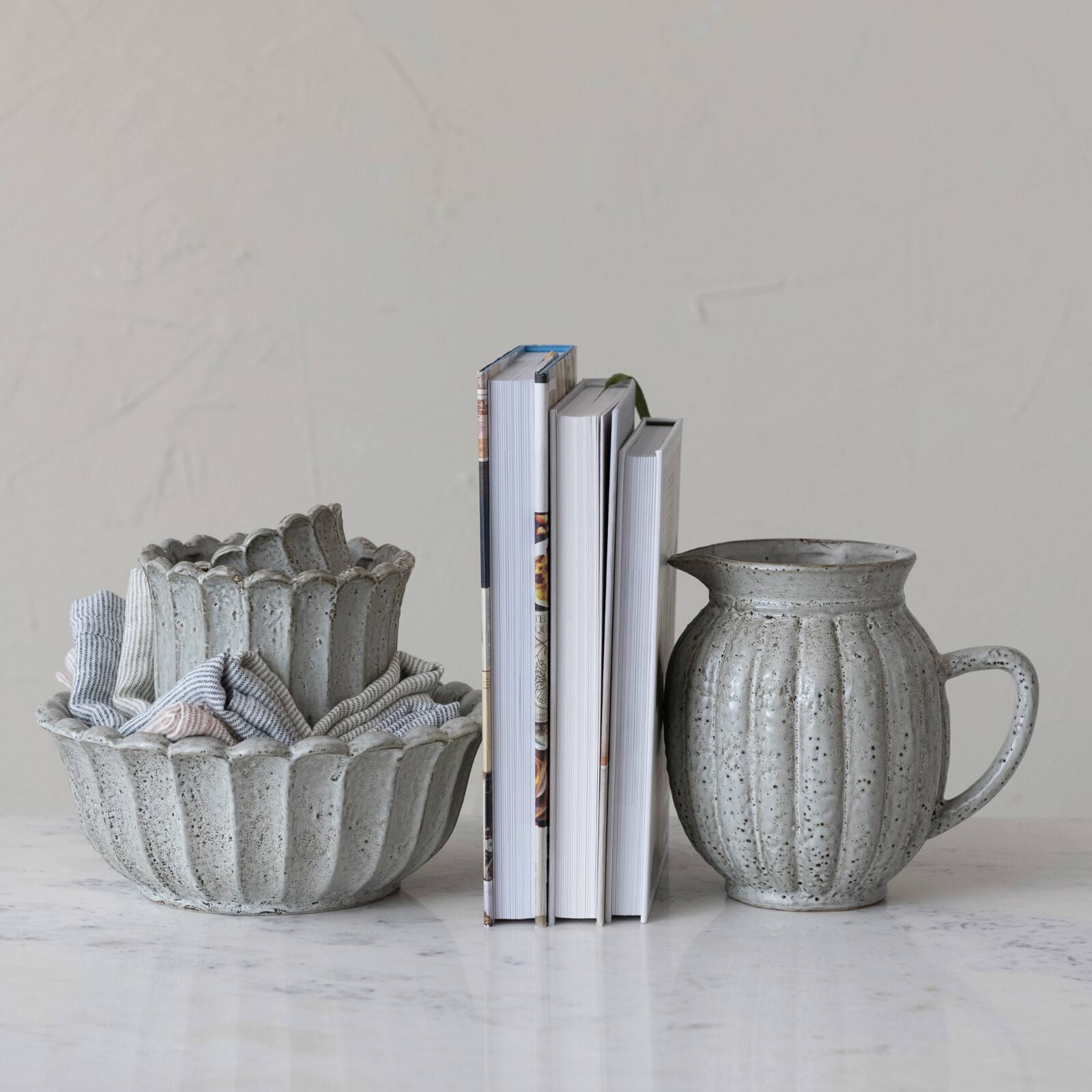 Hello Honey® 2.5qt. Antique White Stoneware Fluted Pitcher