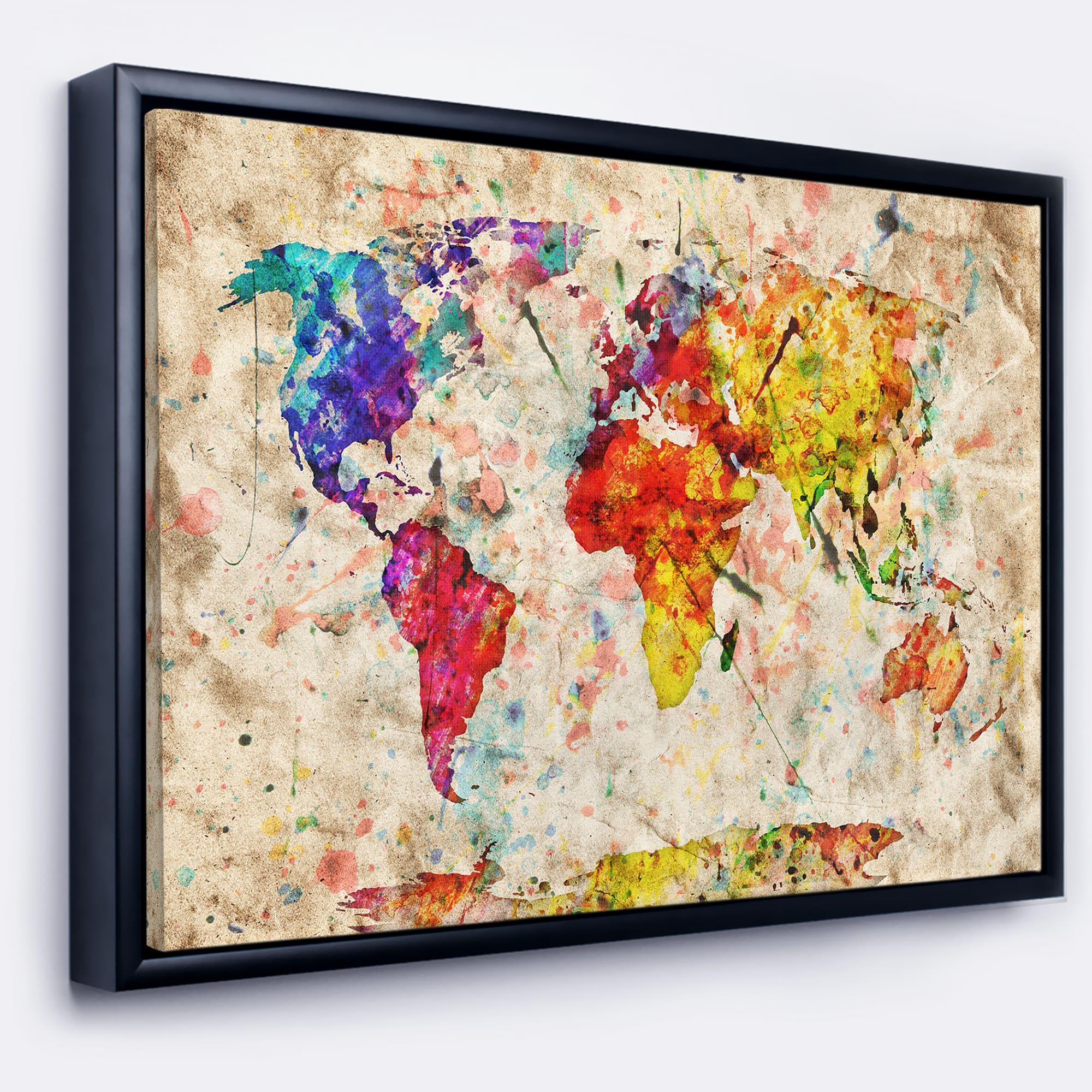 Designart - Vintage World Map Watercolor - Map Framed Canvas Art Print
