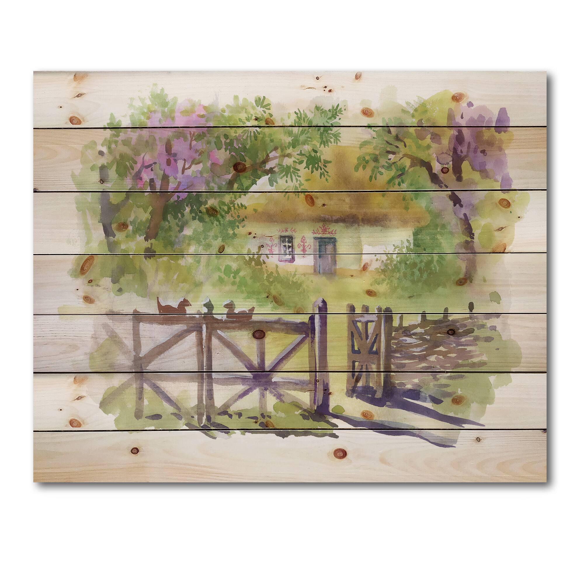 Designart - Painting Of Rustic Cottage In The Woods - Traditional Print on Natural Pine Wood