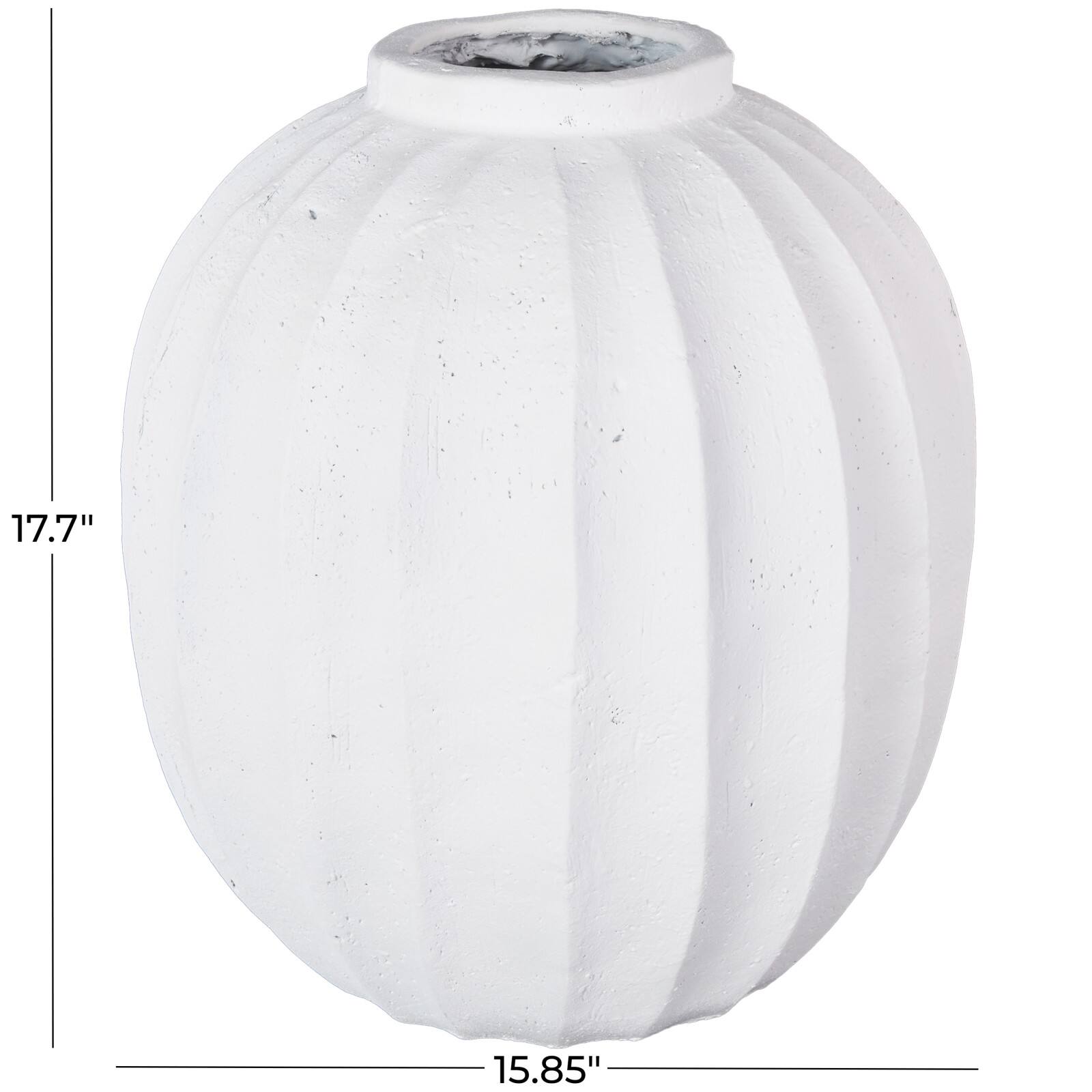 17.75" White Wide Magnesium Oxide Vase with Carved Grooves