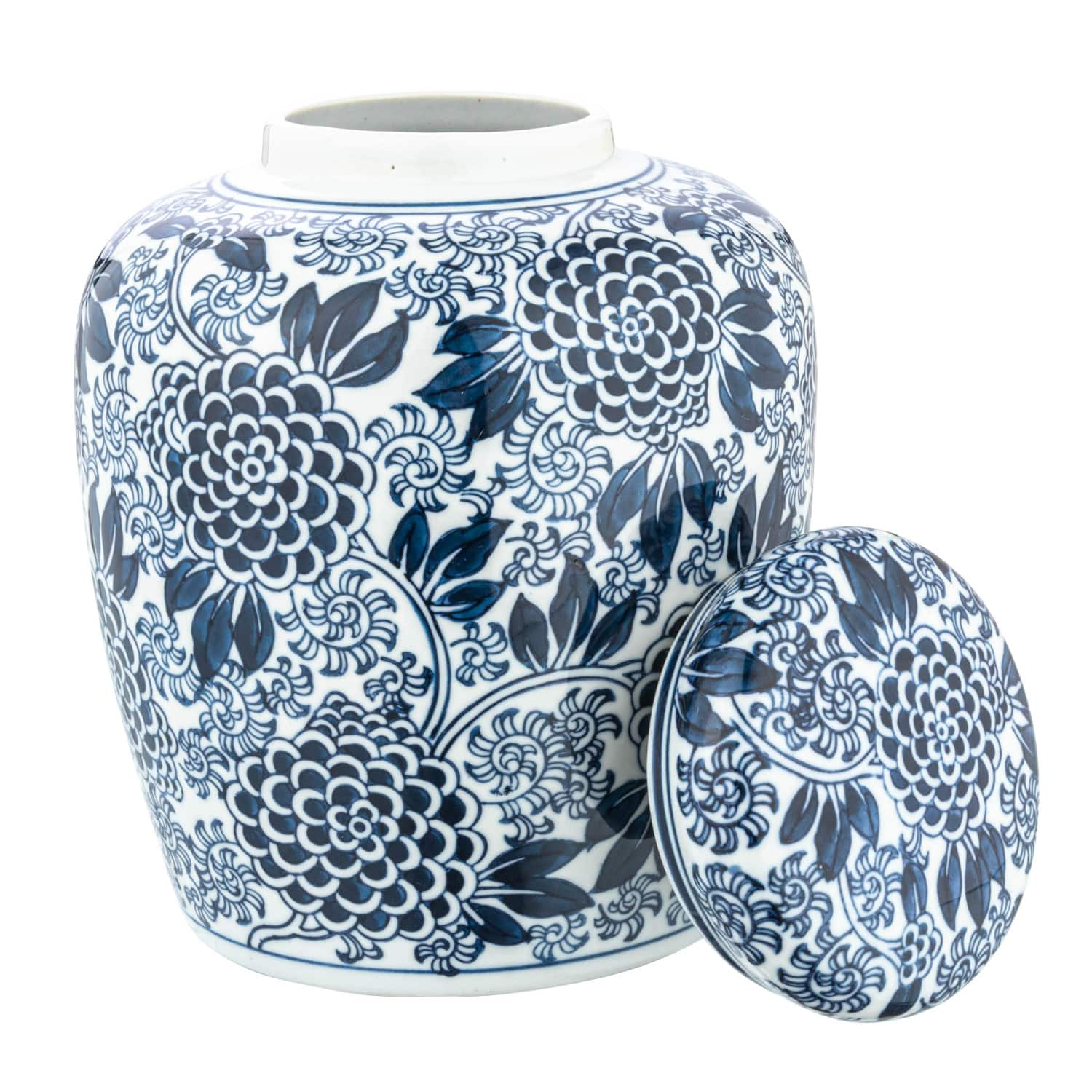 8&#x22; Blue &#x26; White Decorative Chrysanthemum Ceramic Ginger Jar with Lid