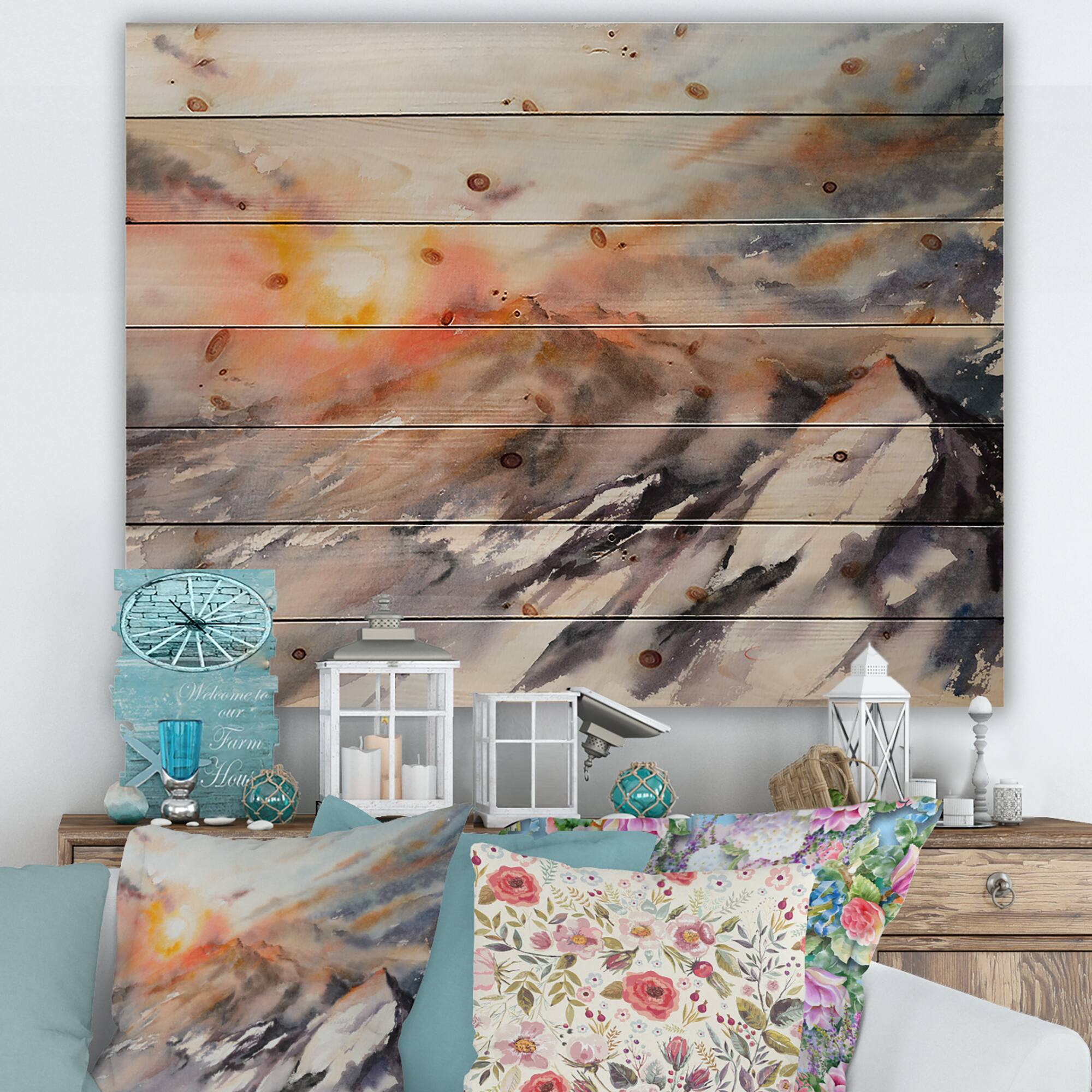 Designart - Majestic Sunset In The Mountains Landscape - Traditional Print on Natural Pine Wood