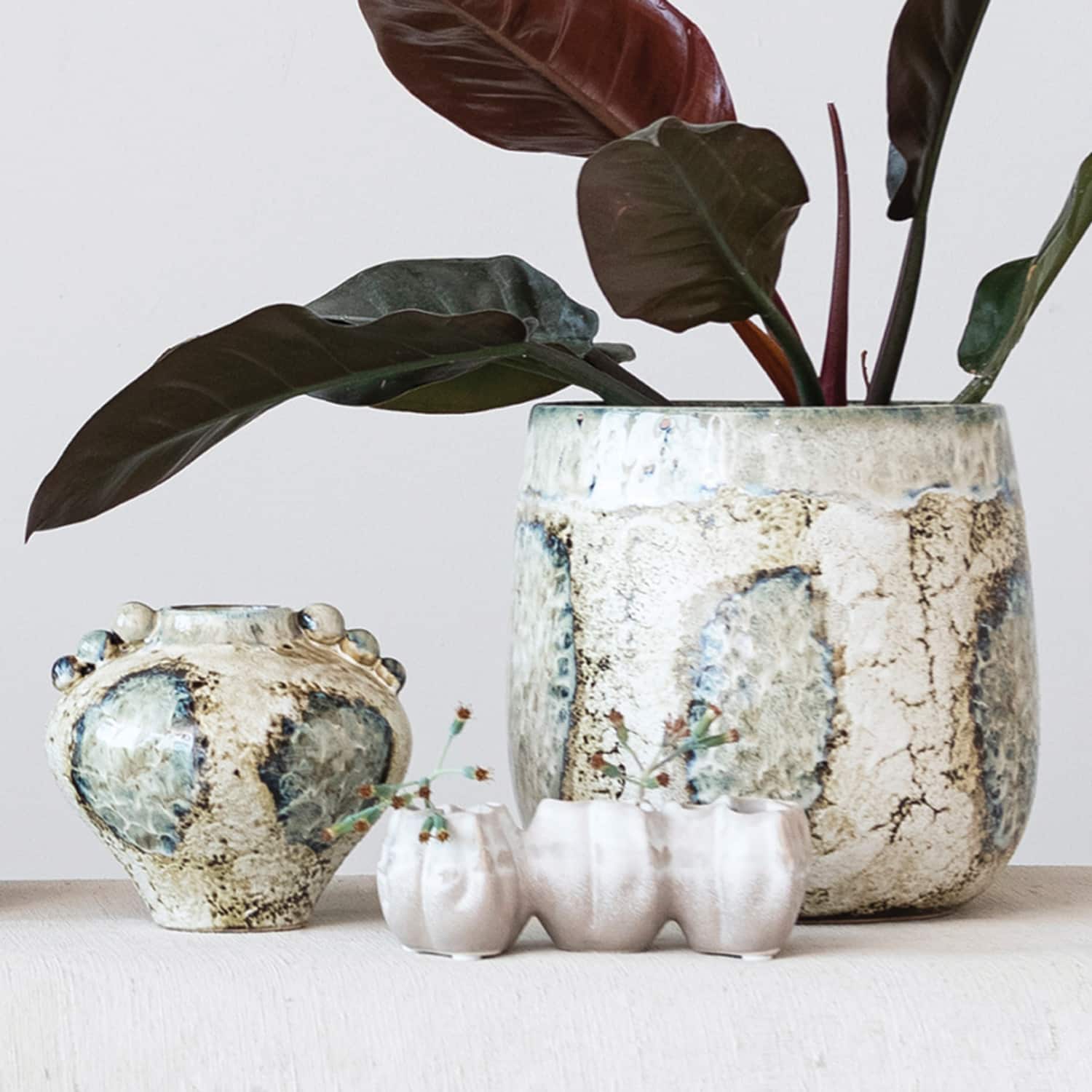 Hello Honey® 7" Distressed White Stoneware Pod Shaped Vase with 3 Sections and Organically Shaped Edge