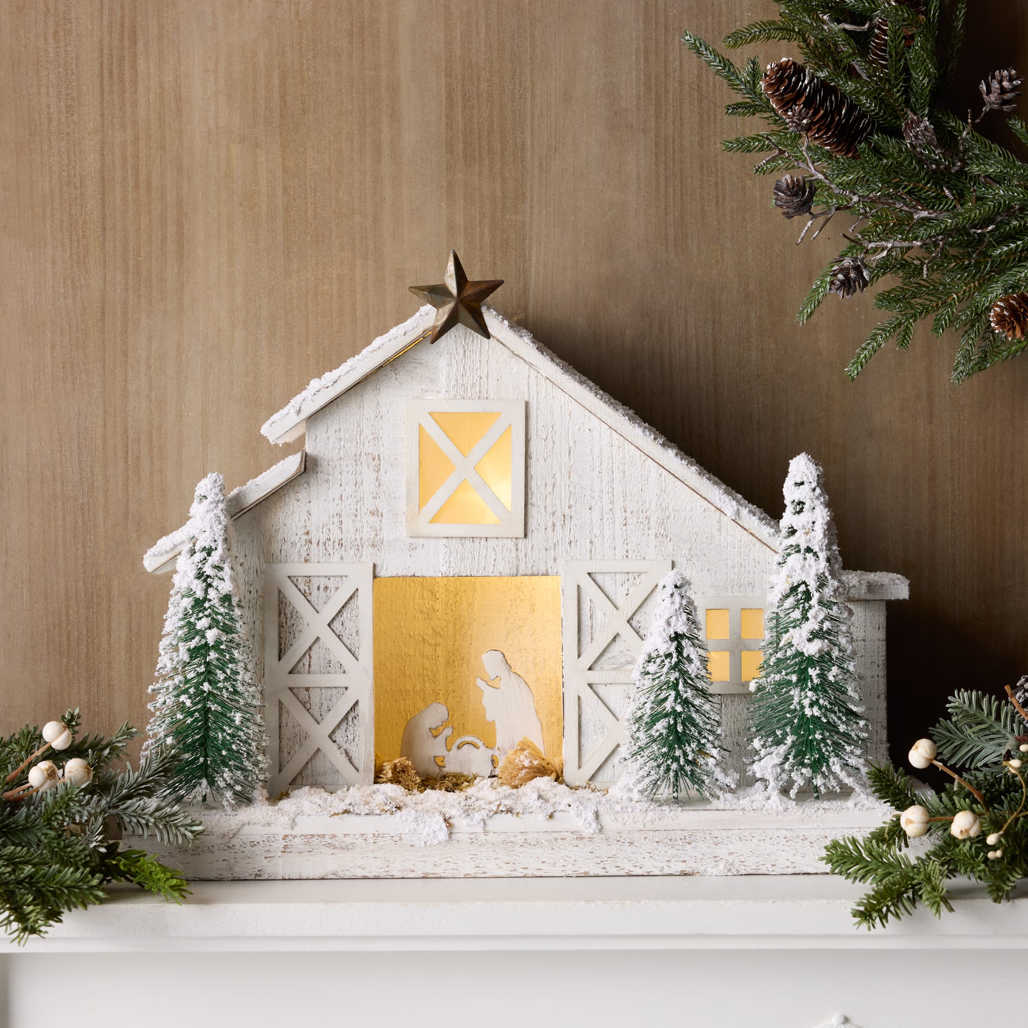 19.5" White LED Flocked Nativity Stable Display